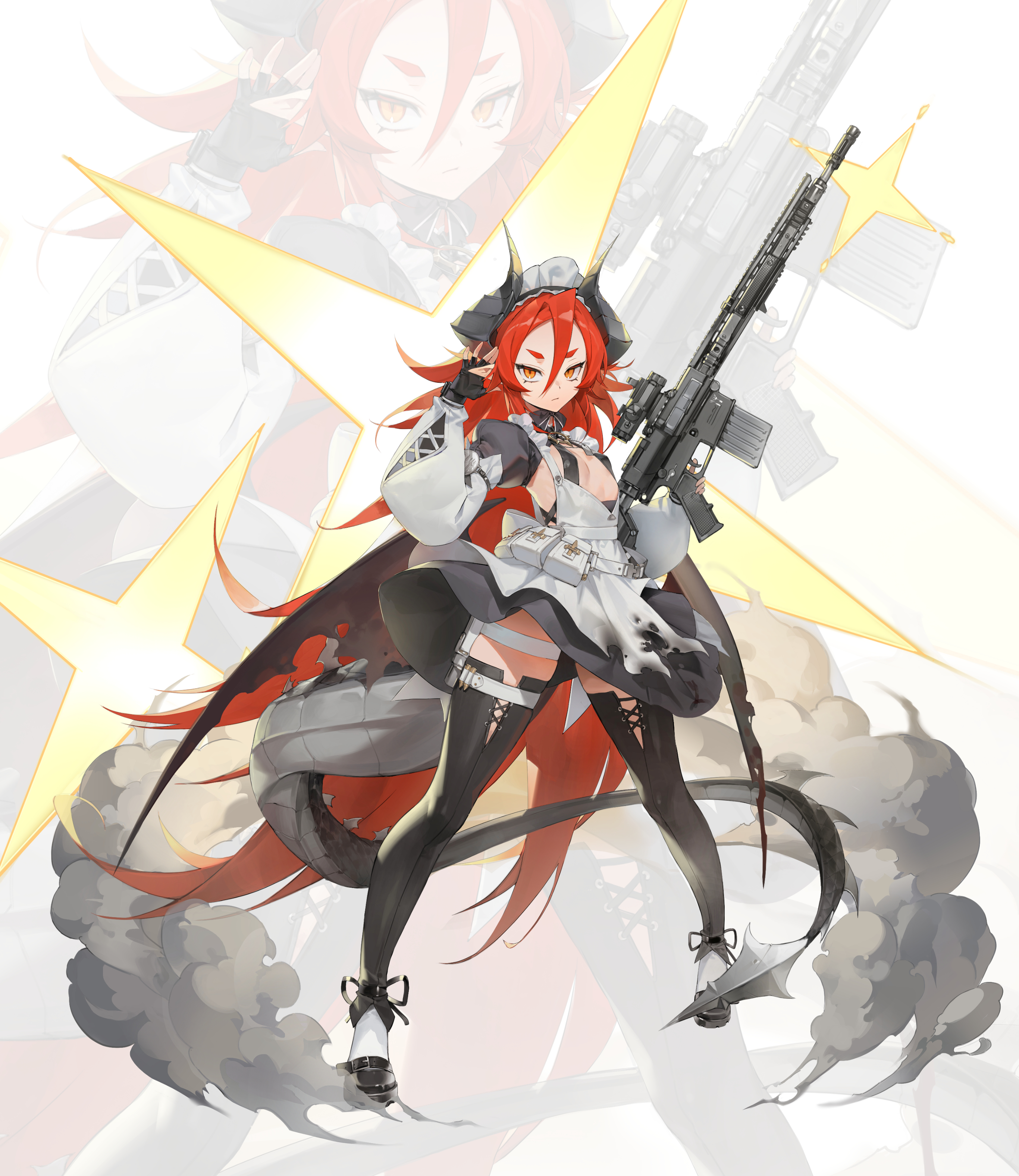 original, absurdres, commentary, highres, symbol-only commentary, 1girl, 90mandu, ammunition, apron, assault rifle, belt, belt pouch, black dress, black gloves, black horns, black shoes, black tail, breasts, closed mouth, dragon girl, dragon horns, dragon tail, dress, finger on trigger, fingerless gloves, full body, gloves, gun, hair between eyes, holster, horns, laser sight, legs apart, long hair, long hair between eyes, long sleeves, looking at viewer, maid headdress, pointy ears, pouch, puffy long sleeves, puffy sleeves, red eyes, red hair, rifle, shoes, short eyebrows, small breasts, smoke, solo, sr-25, standing, tail, thick eyebrows, thigh holster, thigh strap, torn apron, torn clothes, very long hair, weapon, white apron, white belt, zoom layer