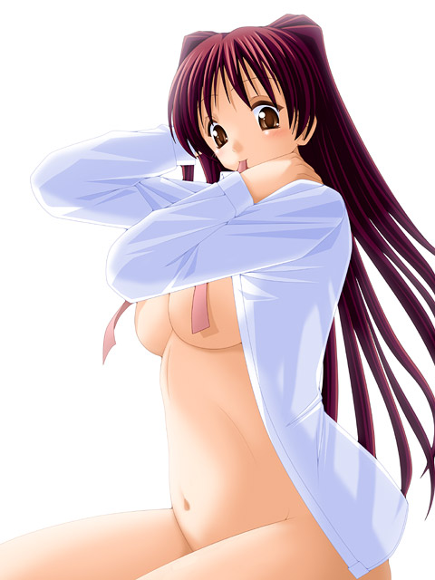keito, kousaka tamaki, to heart, to heart (series), to heart 2, 00s, bottomless, breasts, brown eyes, large breasts, long hair, mouth hold, navel, red hair, ribbon, shirt, simple background, white background