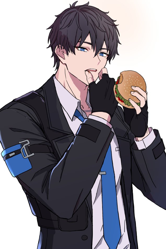 male protagonist (ananta), ananta, commentary request, 1boy, black gloves, black jacket, blue eyes, blue necktie, burger, collared shirt, fingerless gloves, food, gloves, hair between eyes, holding, holding burger, holding food, jacket, layered sleeves, long sleeves, looking at viewer, male focus, million cure788, necktie, open clothes, open collar, open jacket, open mouth, shirt, short hair, solo, suit jacket, teeth, upper body, upper teeth only, white shirt, wing collar, wiping mouth