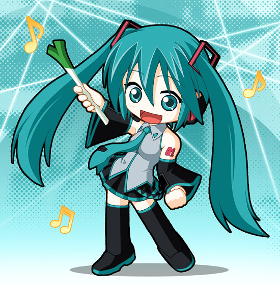 keito, hatsune miku, vocaloid, aqua eyes, aqua hair, boots, chibi, detached sleeves, long hair, necktie, solo, spring onion, thighhighs, twintails