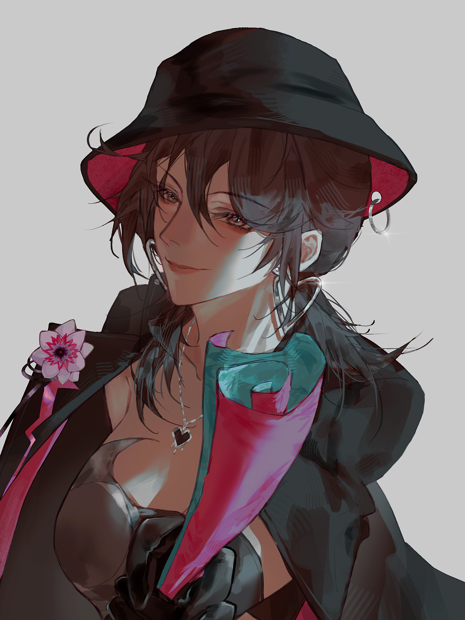 wanggui, deren (path to nowhere), path to nowhere, chinese commentary, commentary, highres, 1girl, black coat, black eyes, black gloves, black hair, black hat, black shirt, boutonniere, breasts, cleavage, coat, coat on shoulders, collarbone, diffraction spikes, earrings, from side, gloves, grey background, hair between eyes, hat, heart, heart earrings, heart necklace, heart top, holding, holding paper, hoop earrings, jewelry, medium hair, necklace, paper, pointing, pointing at viewer, shirt, sideways glance, simple background, smile, solo, strapless, strapless shirt, upper body