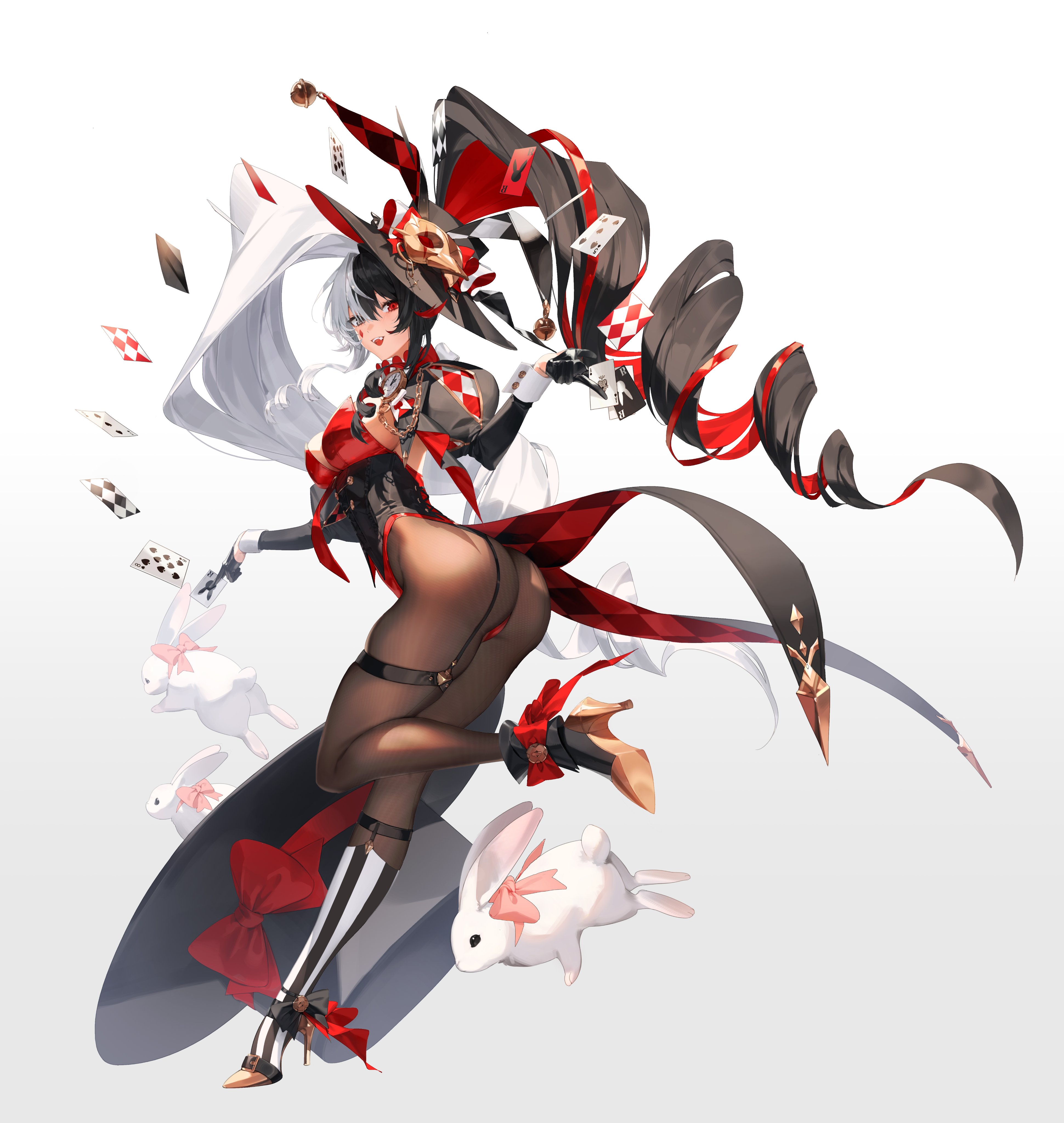 original, absurdres, commentary, english commentary, highres, 1girl, 90mandu, ace (playing card), ace of spades, animal, animal ears, ankle boots, ass, asymmetrical footwear, bell, black corset, black eyes, black gloves, black hair, black hat, black pantyhose, boots, breasts, card, colored inner hair, colored shoe soles, corset, diamond facial mark, drill hair, facial hair, facial mark, fake animal ears, floating hair, from side, garter straps, gloves, grey hair, hat, heterochromia, high heels, holding, holding card, jingle bell, juliet sleeves, large breasts, leotard, long hair, long sleeves, looking at viewer, multicolored hair, open mouth, pantyhose, playing card, pocket watch, puffy sleeves, rabbit, rabbit ears, red eyes, red hair, red leotard, shrug (clothing), simple background, single garter strap, smile, solo, spade (shape), split-color hair, standing, standing on one leg, strapless, strapless leotard, thigh strap, uneven footwear, very long hair, watch, white background, wrist cuffs