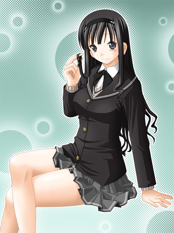 keito, 1girl, adjusting hair, black eyes, black hair, female focus, hairband, long hair, school uniform, sitting, solo