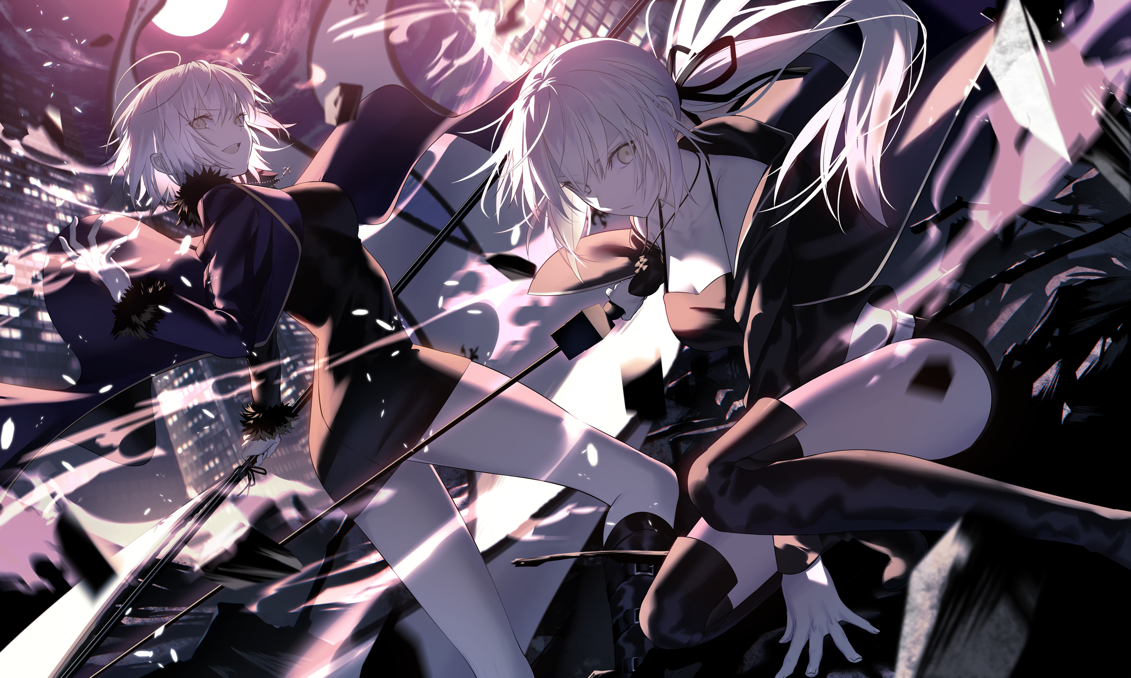 mashima saki (mashimasa), artoria pendragon (fate), jeanne d'arc alter (avenger) (fate), jeanne d'arc alter (fate), jeanne d'arc alter (ver. shinjuku 1999) (fate), saber alter, saber alter (ver. shinjuku 1999), fate/grand order, fate (series), highres, 2girls, ahoge, belt, black camisole, black dress, black jacket, black ribbon, black shorts, blue coat, breasts, camisole, coat, cross, cross necklace, dress, full-length zipper, fur-trimmed coat, fur-trimmed jacket, fur-trimmed sleeves, fur trim, hair ribbon, jacket, jewelry, large breasts, long hair, long sleeves, low ponytail, multiple girls, necklace, official alternate costume, open clothes, open coat, ponytail, ribbon, short dress, short hair, shorts, white belt, white hair, yellow eyes, zipper, zipper dress