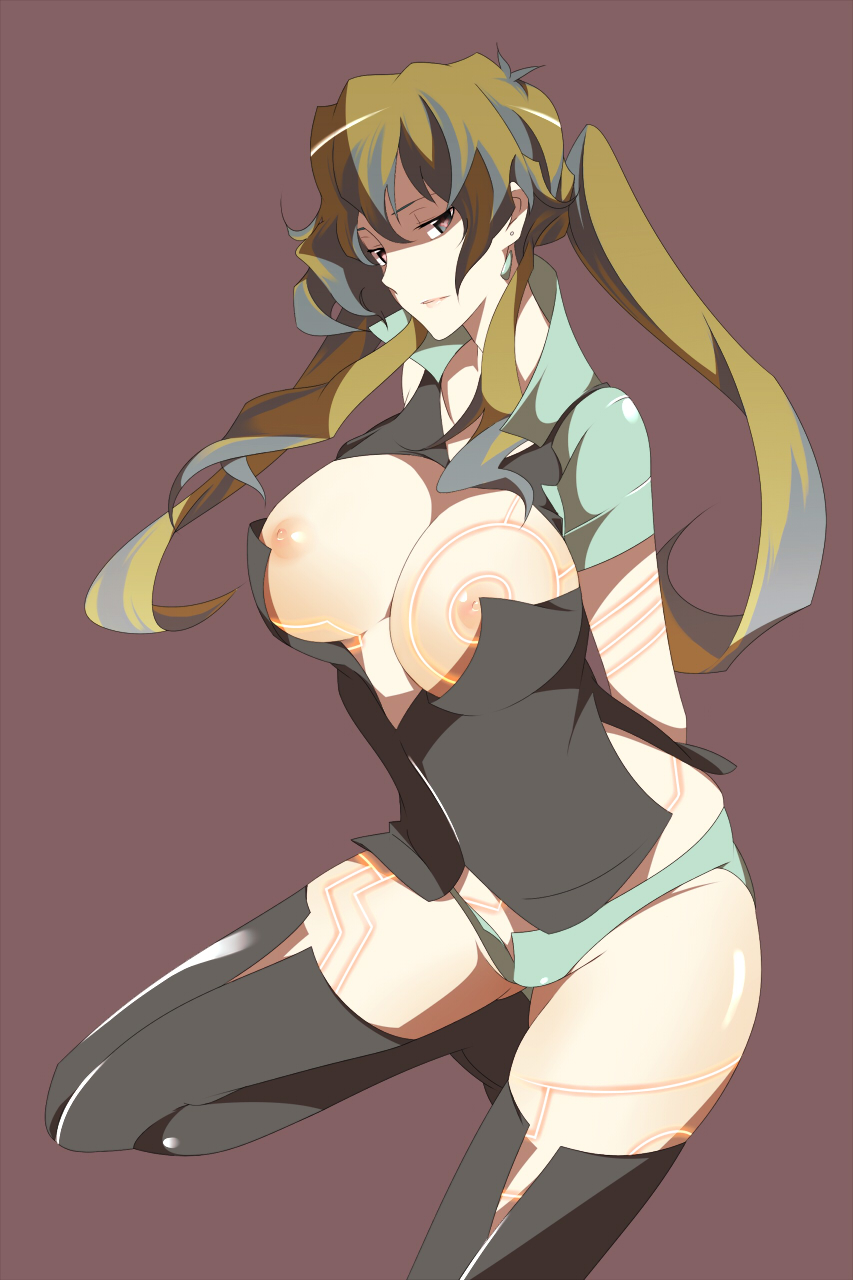 nanao (mahaya), antispiral nia, nia teppelin, tengen toppa gurren lagann, bad id, bad pixiv id, highres, 00s, 1girl, alternate costume, black thighhighs, breasts, earrings, female focus, glowing, jewelry, large breasts, multicolored hair, neon trim, nipples, open clothes, open shirt, panties, shirt, solo, thighhighs, twintails, underwear