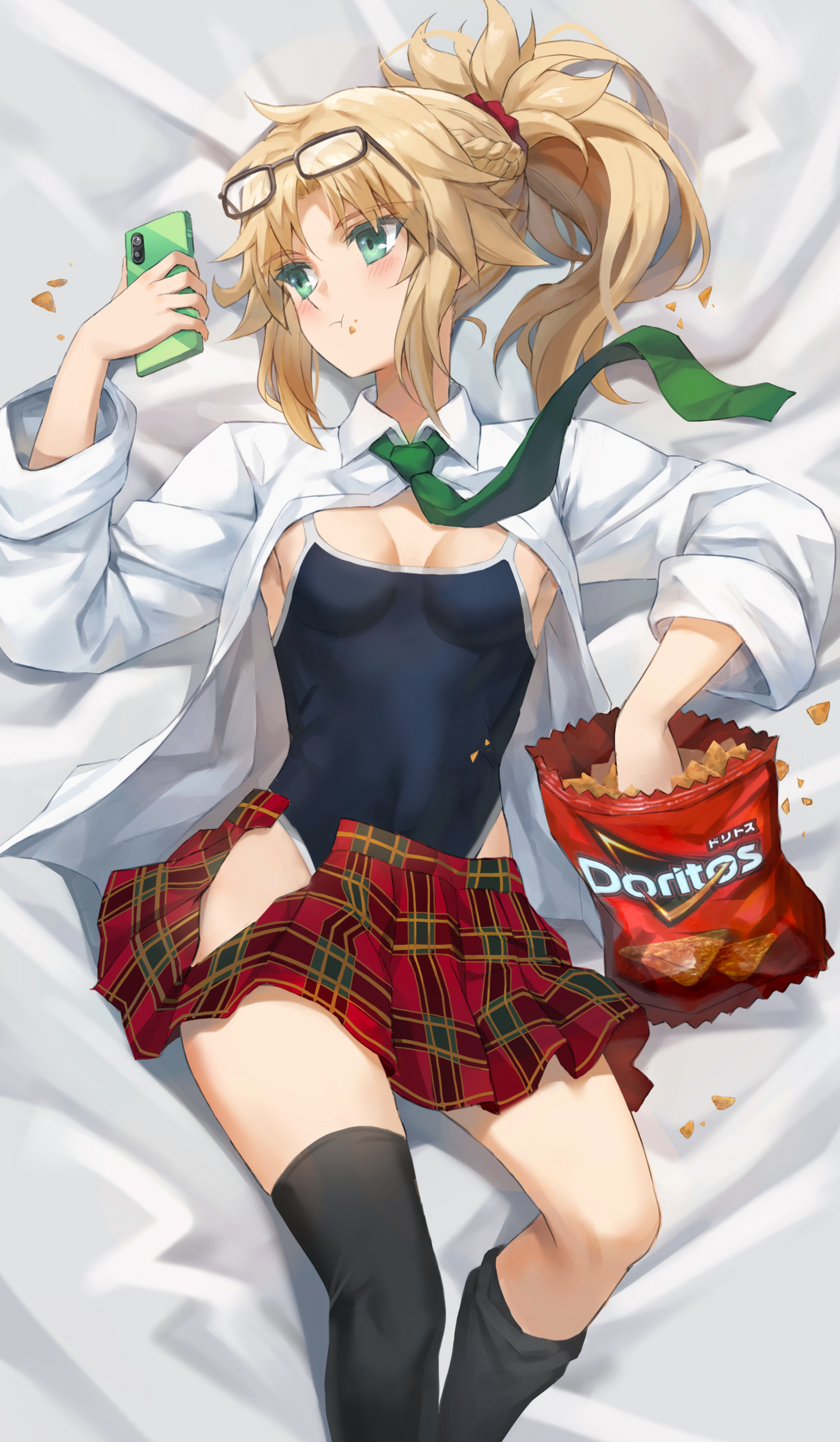 tonee, mordred (fate), doritos, fate/apocrypha, fate (series), absurdres, highres, variant set, 1girl, bag of chips, black one-piece swimsuit, blonde hair, blush, braid, breasts, glasses, green eyes, hair ornament, hair scrunchie, half up braid, long hair, long sleeves, one-piece swimsuit, parted bangs, ponytail, red scrunchie, scrunchie, sidelocks, skirt, small breasts, solo, swimsuit