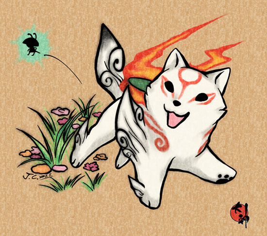 amaterasu (ookami), chibiterasu, issun, capcom, ookami (game), artist request, :3, animal ears, animal focus, baby animal, chibi, dog, no humans, puppy, tattoo, white hair, wolf, wolf ears