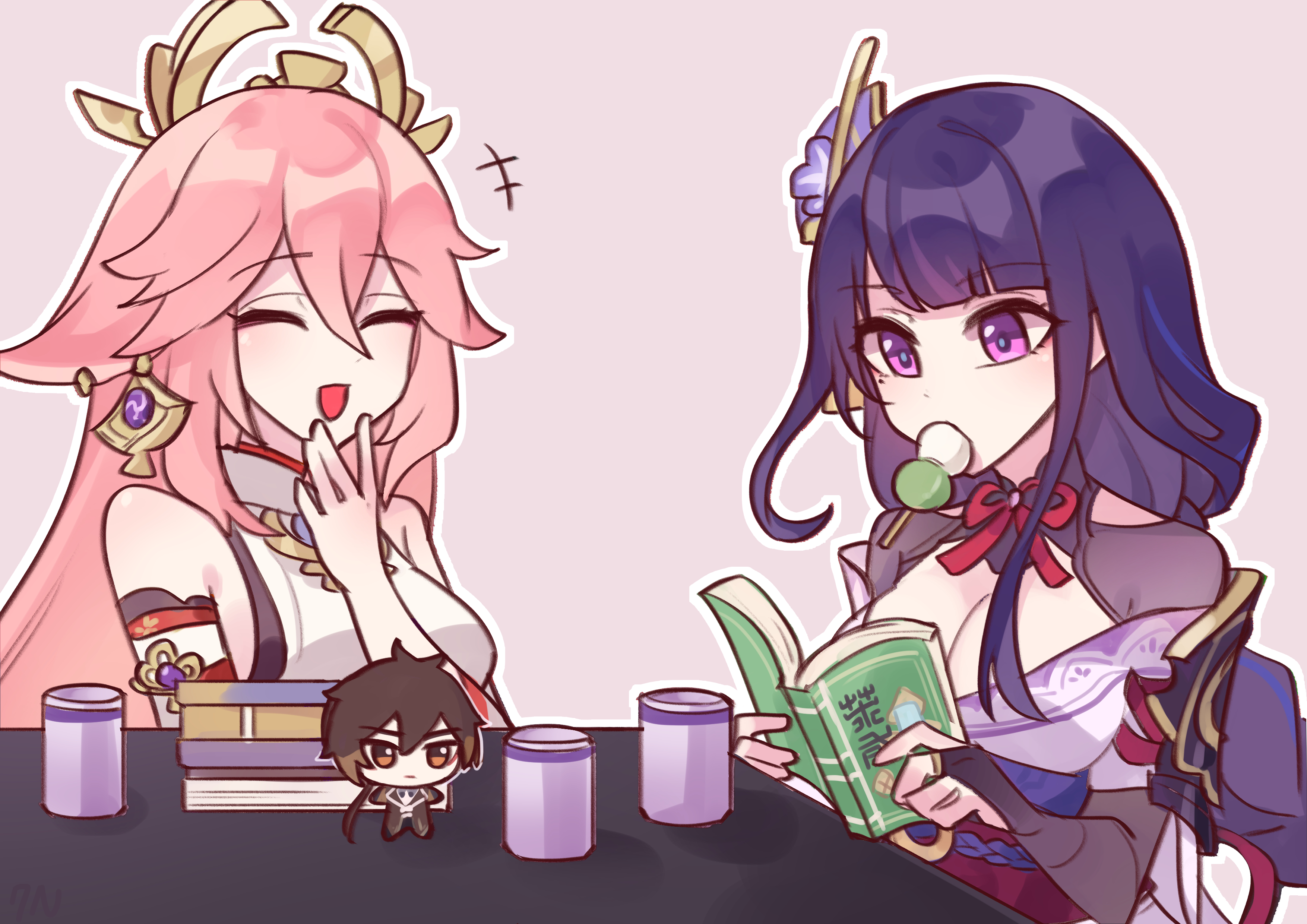 c520gpss, raiden shogun, yae miko, zhongli (genshin impact), genshin impact, absurdres, chinese commentary, highres, 2girls, animal ear piercing, animal ears, armor, bare shoulders, blue pupils, blunt bangs, book, breasts, bridal gauntlets, brown eyes, brown hair, character doll, chibigurumi, chinese clothes, cleavage, closed mouth, clothing cutout, cup, dango, detached sleeves, doll, eating, electro symbol (genshin impact), fan hair ornament, flower, flower ornament, food, food in mouth, fox ears, fox girl, friends, gradient hair, hair between eyes, headpiece, holding, holding book, indoors, japanese armor, japanese clothes, jewelry, large breasts, laughing, long hair, long sleeves, looking down, mitsudomoe (shape), mole, mole under eye, multicolored eyes, multicolored hair, multiple girls, neck ribbon, off shoulder, open book, open mouth, pendant, pile of books, purple background, purple eyes, purple flower, reading, red ribbon, ribbon, shade, shadow, shoulder armor, shoulder cutout, streaked hair, table, tomoe (symbol), toy, wagashi