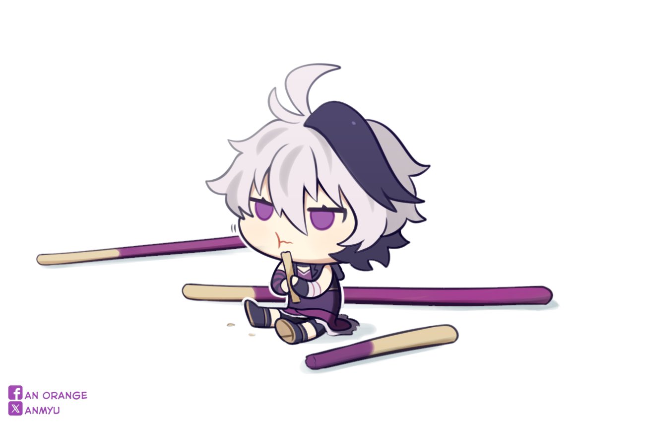 anmyu, flower (vocaloid), flower (vocaloid4), vocaloid, commentary, english commentary, 1girl, 3:, :t, ankle boots, antenna hair, asymmetrical gloves, bandaged arm, bandages, bare shoulders, black boots, black gloves, black hair, black jacket, black shorts, black socks, boots, chibi, chibi only, closed mouth, cropped jacket, eating, elbow gloves, facebook logo, facebook username, fingerless gloves, food, full body, fur-trimmed skirt, fur trim, gloves, holding, holding food, holding pocky, jacket, kneehighs, looking ahead, miniskirt, mismatched gloves, multicolored hair, no pupils, open clothes, open jacket, pocky, purple eyes, purple gloves, purple shirt, purple skirt, shadow, shirt, shorts, simple background, single elbow glove, sitting, skirt, sleeveless, sleeveless jacket, socks, solo, streaked hair, striped clothes, striped gloves, twitter username, twitter x logo, two-tone gloves, two-tone hair, v-neck, white background, white hair