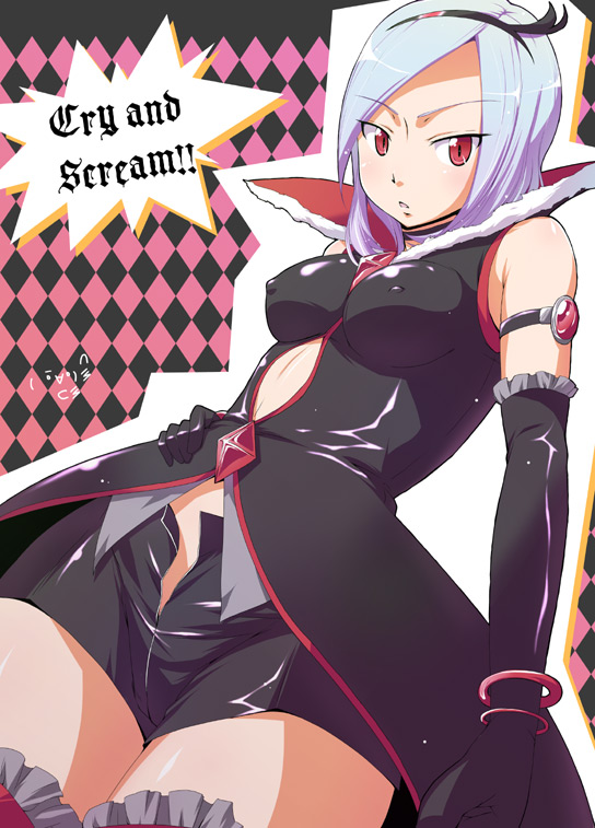 natsumi akira, eas (fresh precure!), higashi setsuna, fresh precure!, precure, black neckwear, 00s, 1girl, black shorts, breasts, covered erect nipples, elbow gloves, english text, female focus, gloves, medium breasts, oppai oppai, red eyes, shorts, solo, thighhighs, unzipped