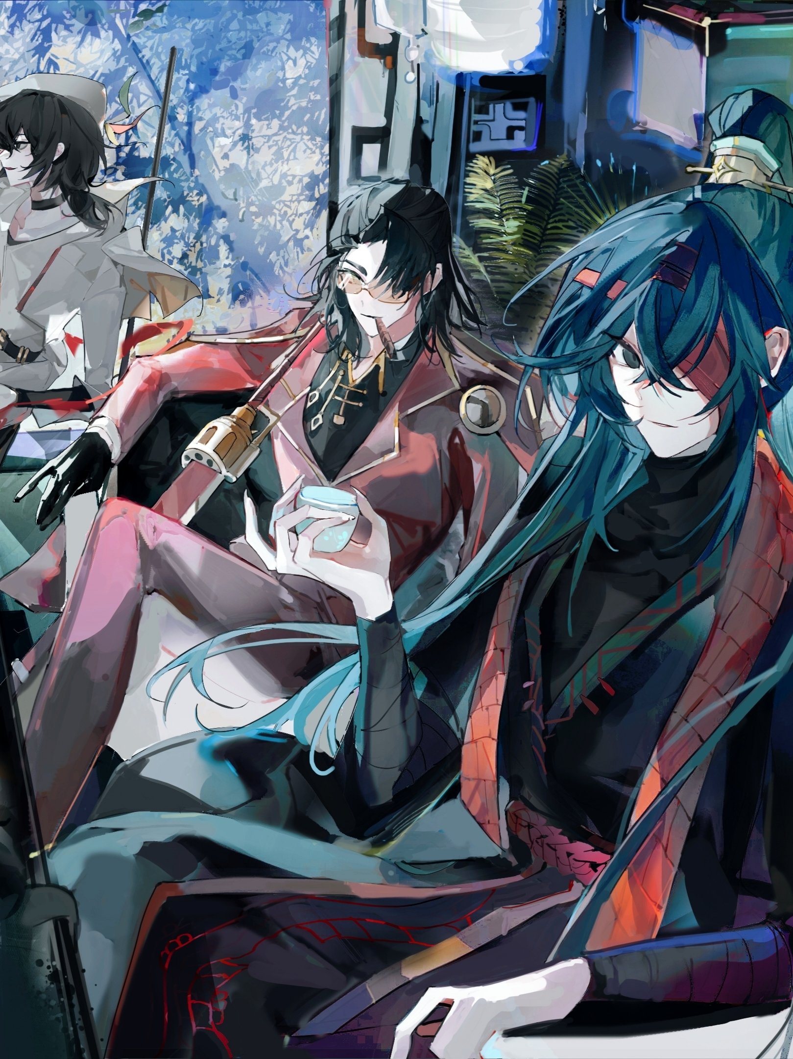 evelynyi21085, hong lu (project moon), meursault (project moon), yi sang (project moon), limbus company, project moon, costume request, highres, 3boys, black eyes, black gloves, black hair, black hanfu, black shirt, blue hair, chinese clothes, cigar, collar, crossed bangs, curtained hair, double-parted bangs, elbow rest, family hierarch candidate (identity) (project moon), fern, gloves, gold trim, hair between eyes, hair flowing over, hair ornament, hair over one eye, hanfu, hat, holding, jacket, jacket on shoulders, knee up, long hair, looking at viewer, male focus, multiple boys, official alternate costume, outdoors, popped collar, red jacket, rope belt, scarf, shirt, sitting, smirk, sword, thumb (identity) (project moon), tinted eyewear, tree, very long hair, weapon, white shirt, yellow-tinted eyewear