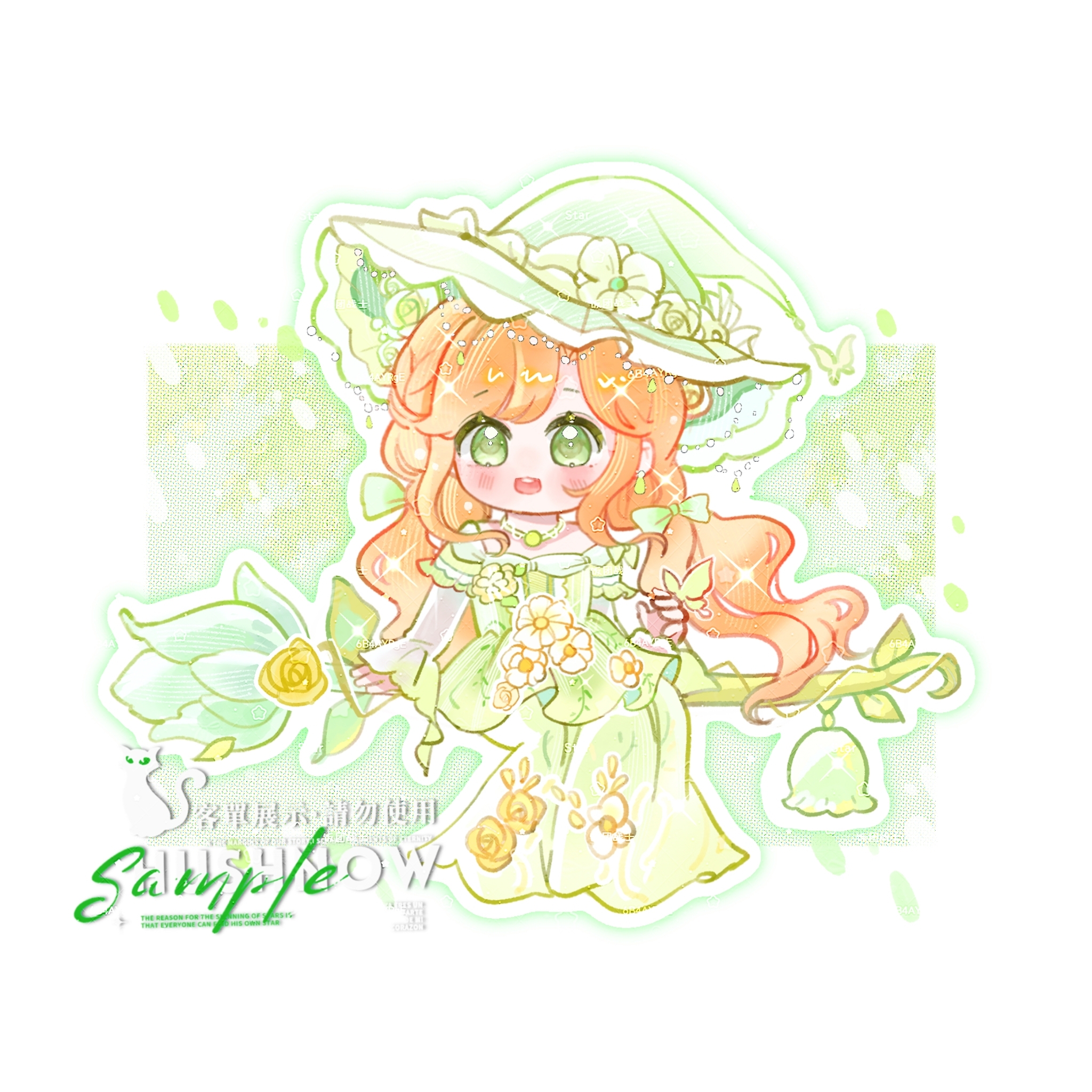infinity nikki, nikki (series), chinese commentary, commentary request, commission, highres, 1girl, beads, bow, broom, broom riding, bug, butterfly, butterfly hat ornament, butterfly on hand, chibi, dress, dress flower, earrings, eyelashes, eyes visible through hair, flower, frilled headwear, gem, green background, green bow, green butterfly, green dress, green eyes, green flower, green gemstone, green hat, green rose, hair beads, hair bow, hair flower, hair ornament, happy, hat, hat flower, hat ornament, insect, jewelry, jinwanhuimengjiankaoyuma, layered sleeves, light blush, long dress, long hair, long sleeves, low twintails, necklace, off-shoulder dress, off shoulder, open mouth, orange hair, outline, pendant earring, petals, pleated dress, rainfall & blossoms (infinity nikki), rose, sample watermark, short over long sleeves, short sleeves, sitting, sleeves past wrists, smile, solo, swept bangs, tareme, teeth, twintails, two-tone background, upper teeth only, very long hair, watermark, wavy hair, white background, white flower, white outline, white sleeves, witch, witch hat, yellow flower, yellow rose