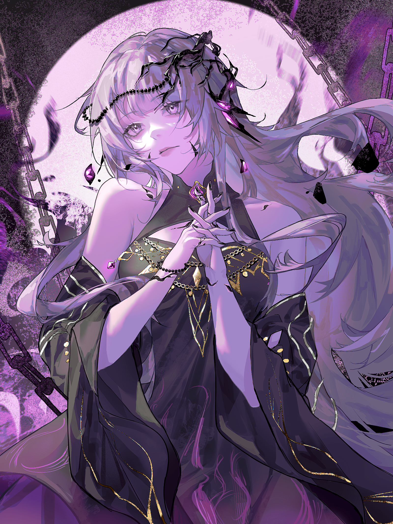 wanggui, hella (path to nowhere), necresta hella (path to nowhere), path to nowhere, chinese commentary, commentary request, highres, 1girl, bare shoulders, black dress, black nails, black sleeves, chain, cleavage cutout, clothing cutout, cracked face, cracked skin, detached sleeves, dress, expressionless, floating hair, full moon, gold trim, interlocked fingers, long hair, material growth, moon, own hands together, pink eyes, sleeveless, sleeveless dress, solo, upper body, very long hair, white hair, wide sleeves