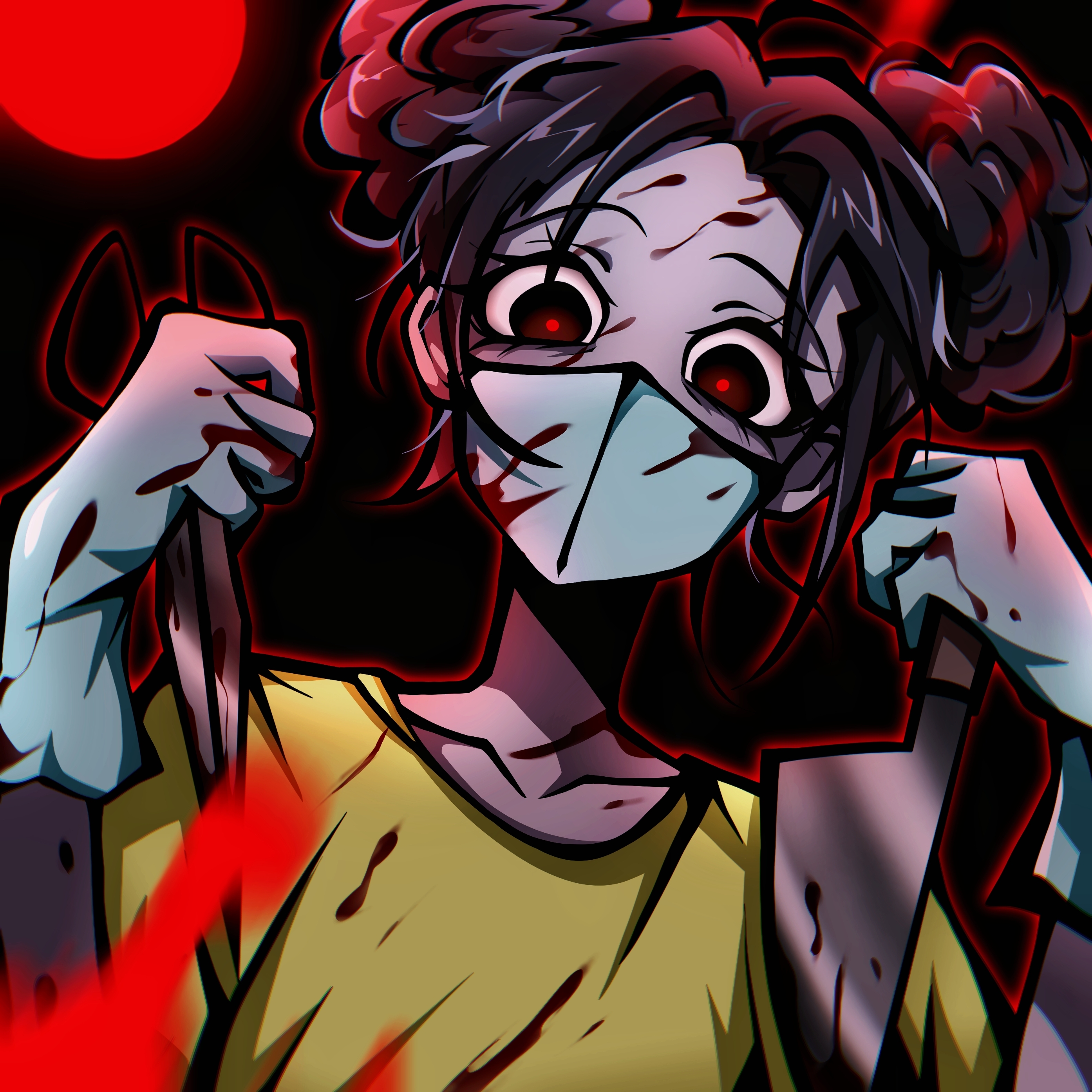 amanda (amanda the adventurer), amanda the adventurer, absurdres, highres, 1girl, afro puffs, alternate skin color, backlighting, black background, black eyes, black hair, blood, blood on clothes, blood on face, blue gloves, blue mask, blurry, blurry foreground, bright pupils, chromatic aberration, collarbone, colored skin, covered mouth, double bun, elbow gloves, from below, gloves, grey skin, hair bun, hands up, holding, holding knife, holding scissors, knife, looking down, mask, mouth mask, nimingyonghu086, outline, red outline, red pupils, reverse grip, scissors, shirt, short hair, short sleeves, simple background, solo, straight-on, surgical mask, t-shirt, upper body, yellow shirt