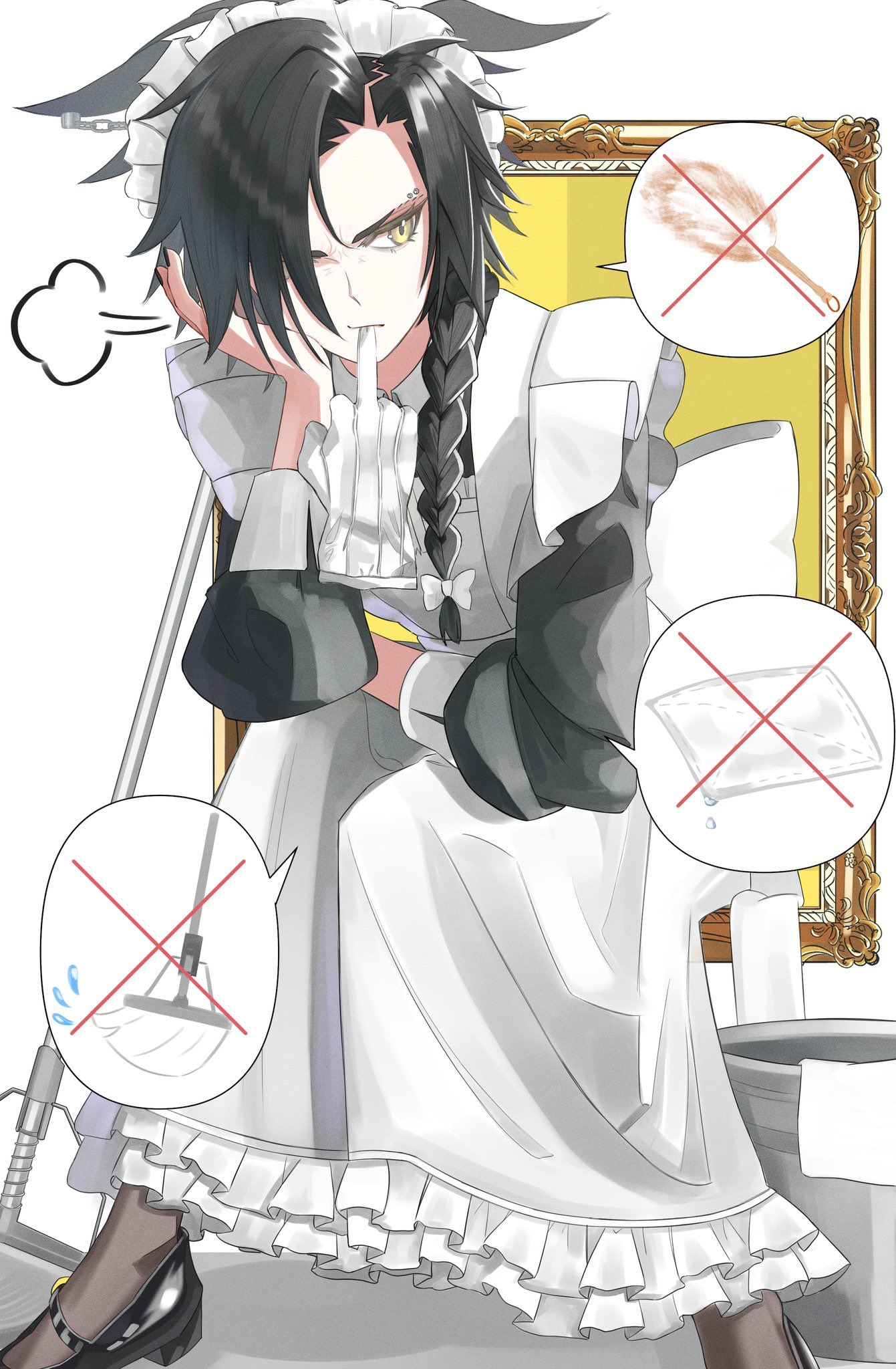 moheji (user gywn2472), air shakur (umamusume), umamusume, commentary request, highres, 1girl, alternate costume, apron, black dress, black hair, black nails, black shoes, bow, braid, closed mouth, dress, enmaided, eyebrow piercing, face piercing, glove in mouth, gloves, grey background, hair bow, hair over one eye, long hair, maid, maid headdress, mop, mouth hold, picture frame, piercing, shoes, simple background, sitting, solo, speech bubble, white apron, white bow, white dress, white headdress, yellow eyes