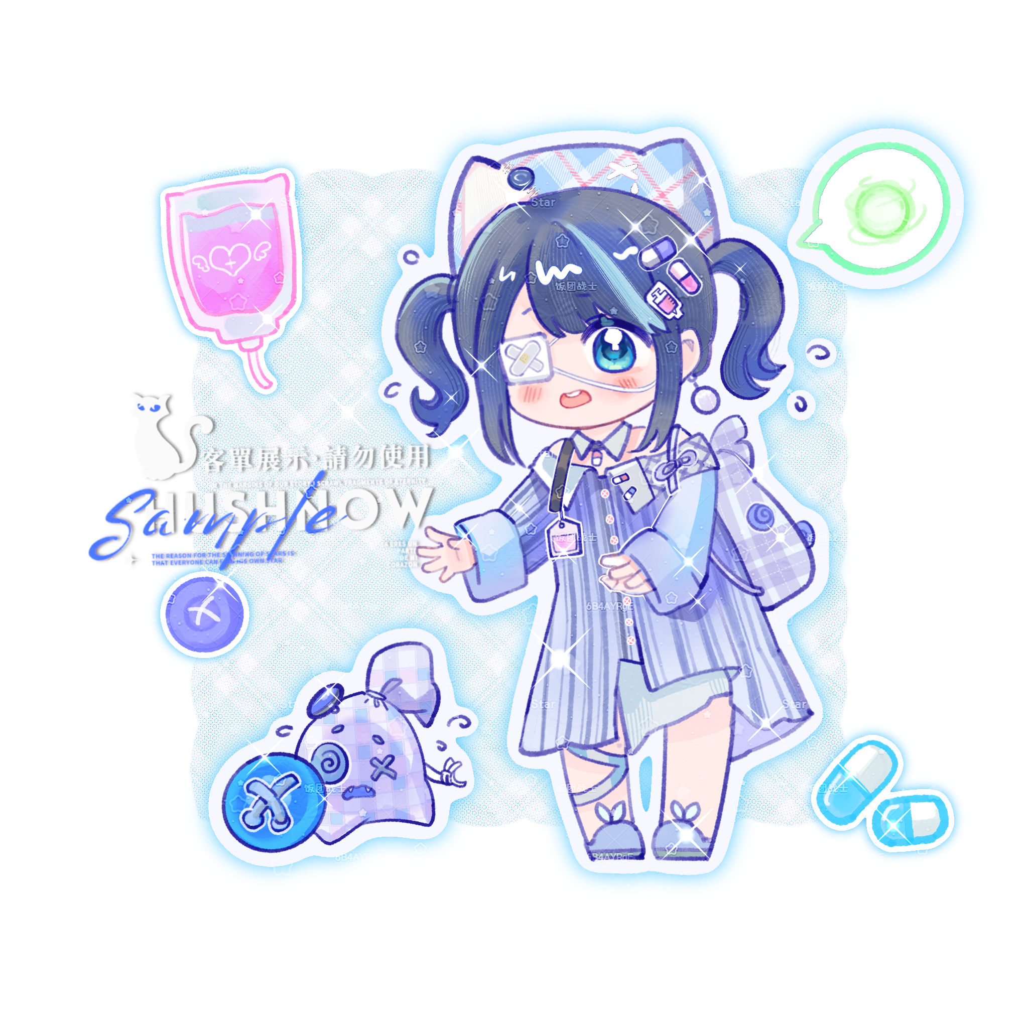esseling (infinity nikki), lonely sack (infinity nikki), quirky idea (infinity nikki), infinity nikki, nikki (series), chinese commentary, commentary request, commission, highres, 1girl, animal ear headwear, animal ears, backpack, bag, belt, belt collar, black belt, black hair, blood, blood bag, blue background, blue dress, blue eyes, blue hat, blue ribbon, blue slippers, bow, buttons, character bag, chibi, collar, detached collar, dress, earrings, energy ball, eyelashes, eyepatch, eyes visible through hair, fake animal ears, flying sweatdrops, footwear bow, frown, hair ornament, hairclip, hat, jewelry, jinwanhuimengjiankaoyuma, leg ribbon, light blush, long dress, long sleeves, looking ahead, looking at creature, medical eyepatch, multicolored hair, nervous, off-shoulder dress, off shoulder, open mouth, outline, pill hair ornament, plaid hat, price tag, ribbon, sample watermark, short hair, short twintails, shoulder belt, sleeve cuffs, sleeves past wrists, slippers, sparkle, speech bubble, sphere earrings, spoken object, streaked hair, striped clothes, striped dress, syringe, syringe hair ornament, tareme, teeth, twintails, two-tone background, upper teeth only, vertical-striped clothes, vertical-striped dress, watermark, white background, white bow, white collar, white outline