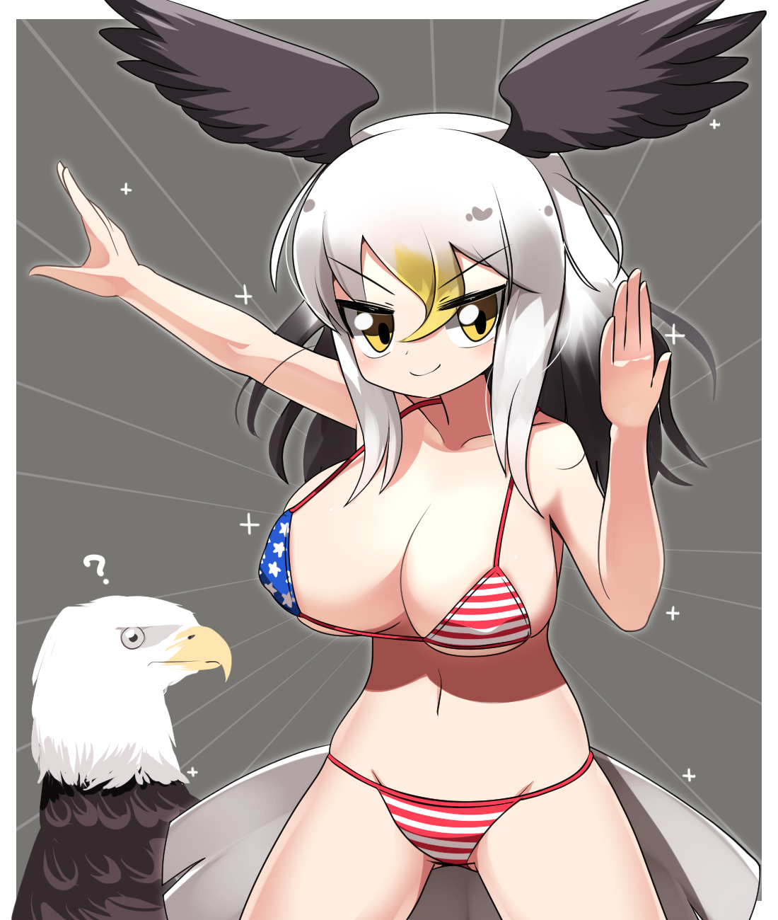 lets0020, bald eagle (kemono friends), kemono friends, commentary request, highres, 1girl, american flag, american flag bikini, american flag print, bald eagle, bikini, bird, black hair, black wings, blonde hair, blush, border, breasts, closed mouth, cowboy shot, creature and personification, eagle, feathered wings, flag print, flag print bikini, gradient hair, grey background, head wings, large breasts, long hair, looking at viewer, multicolored hair, personification, print bikini, smile, solo, swimsuit, v-shaped eyebrows, white border, white hair, wings