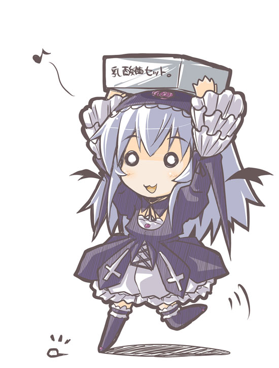 crazy developers, suigintou, rozen maiden, silver hair, bad id, bad pixiv id, translated, 00s, 1girl, :3, arms up, boots, box, carrying, carrying overhead, chibi, dress, female focus, frills, knee boots, lactic acid bacteria, long hair, musical note, solo, wings