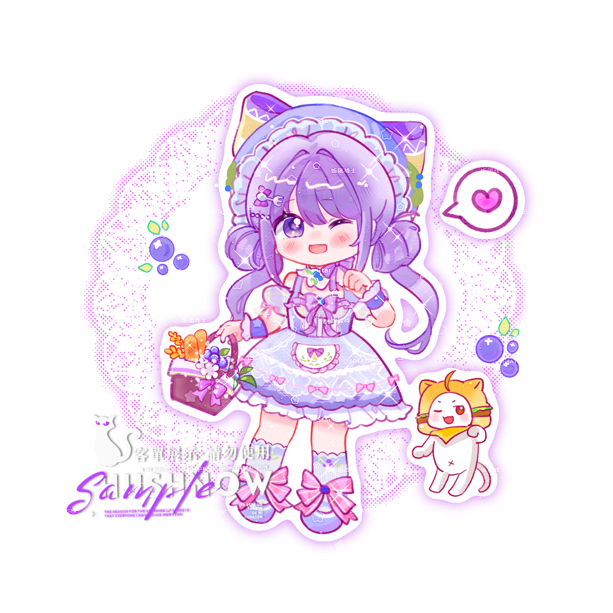 momo (nikki), whispers of bliss (infinity nikki), infinity nikki, kfc, nikki (series), chinese commentary, commentary request, commission, highres, 1girl, ahoge, animal, ankle bow, ankle ribbon, baguette, bare shoulders, basket, beads, beret, blueberry, bow, bow choker, bowtie, bread, brown eyes, burger, burger costume, cat, chibi, choker, cloak, clothed animal, collar, country lolita, detached collar, detached sleeves, double bun, dress, dress bow, ear covers, eyelashes, eyes visible through hair, flower, food, food print, frilled dress, frilled headwear, frilled wrist cuffs, frills, fruit, hair beads, hair between eyes, hair bun, hair intakes, hair ornament, hairclip, happy, hat, hat bow, heart, holding, holding basket, hood, hood up, hooded cloak, jinwanhuimengjiankaoyuma, kneehighs, lace-trimmed bow, lace background, lace trim, large bow, leaf, light blush, lolita fashion, long hair, low twintails, medium dress, navel, official alternate costume, one eye closed, open mouth, outline, pink bow, pink flower, pink ribbon, pocket, print socks, puffy short sleeves, puffy sleeves, purple bow, purple bowtie, purple dress, purple eyes, purple hair, purple hat, purple shoes, purple sleeves, purple wrist cuffs, ribbon, shoes, short sleeves, sidelocks, sleeve ribbon, sleeveless, sleeveless dress, smile, socks, sparkle, speech bubble, spoken heart, tareme, twintails, two-tone bow, wavy hair, wheat, white background, white cat, white collar, white outline, white socks, wrist cuffs, yellow bow, yellow cloak