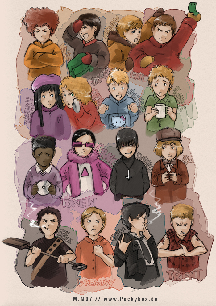 rennerei, bebe stevens, butters stotch, craig tucker, damien, damien (south park), eric cartman, gregory of yardale, kenny mccormick, kyle broflovski, phillip pirrup, pip (south park), stan marsh, token black, trent boyette, tweek tweak, wendy testaburger, ze mole, hello kitty, sanrio, south park, bad deviantart id, bad id, 2girls, 6+boys, n/, character name, cigarette, everyone, m/, multiple boys, multiple girls, smoking, watermark, web address