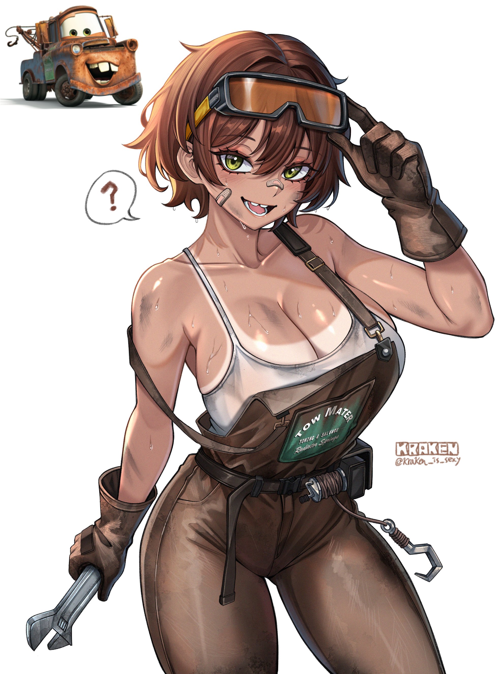 kuraken, tow mater, cars (movie), absurdres, commentary, highres, ?, artist name, bandaid, bandaid on cheek, bandaid on face, bandaid on nose, breasts, brown gloves, brown overalls, camisole, car, collarbone, genderswap, genderswap (mtf), gloves, goggles, goggles on head, green eyes, holding, holding wrench, hook, large breasts, looking at viewer, mechanic, motor vehicle, open mouth, overalls, personification, shiny skin, short hair, smile, speech bubble, spoken question mark, sweat, tan, tanline, teeth, twitter username, white camisole, wrench