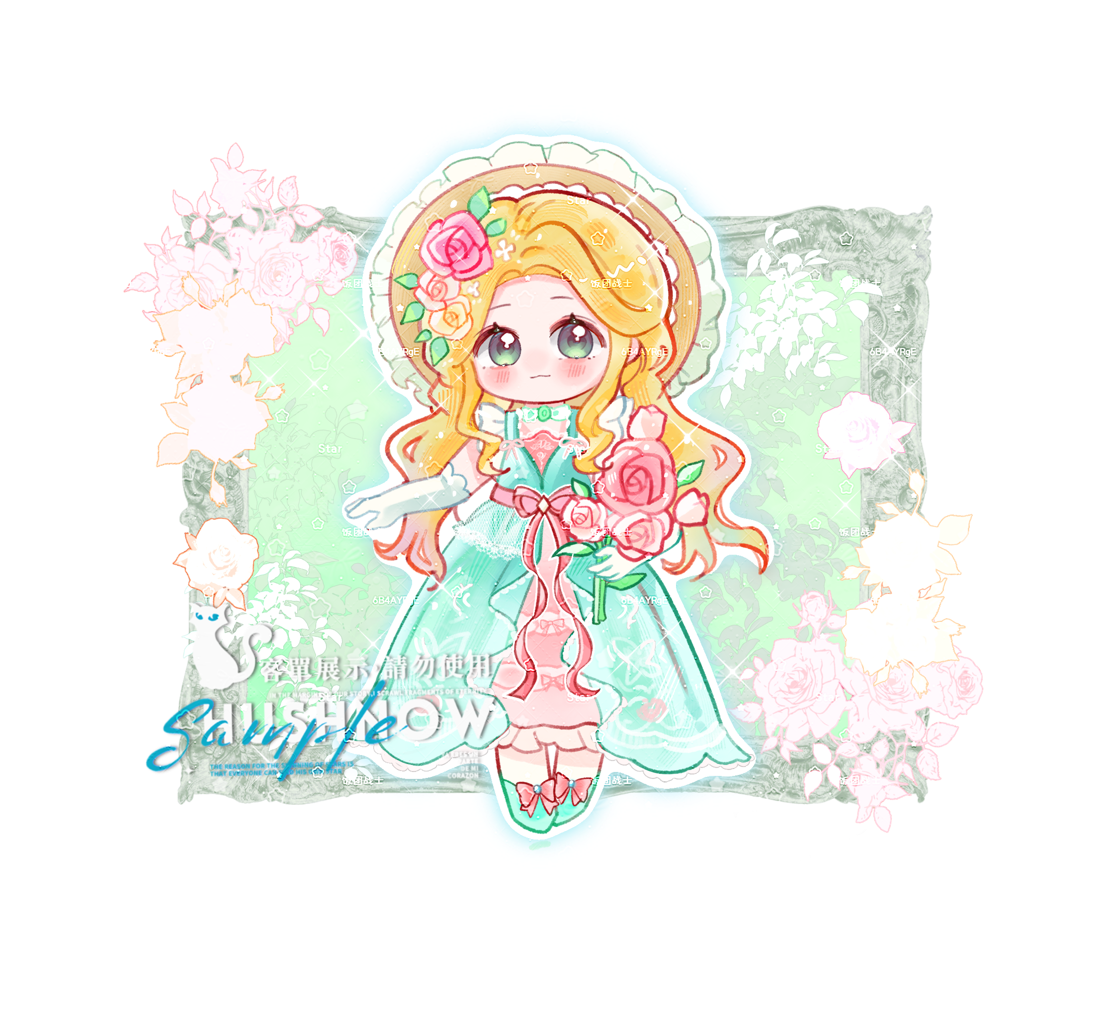 verdant melodies (infinity nikki), infinity nikki, nikki (series), chinese commentary, commentary request, highres, 1girl, :3, bare shoulders, blonde hair, blue outline, bouquet, bow, brown hat, chibi, choker, closed mouth, dress, elbow gloves, eyelashes, floral print, flower, footwear bow, forehead, frilled dress, frilled gloves, frilled headwear, frills, gem, gloves, green background, green dress, green eyes, green gemstone, green shoes, hair flower, hair ornament, happy, hat, holding, holding bouquet, jinwanhuimengjiankaoyuma, layered dress, leaf, light blush, long dress, long hair, looking at viewer, outline, picture frame, pink bow, pink dress, pink flower, pink ribbon, pink rose, print dress, ribbon, rose, sample watermark, shoes, sidelocks, sleeveless, sleeveless dress, smile, solo, standing, sun hat, tareme, tulip, two-tone background, very long hair, waist ribbon, watermark, wavy hair, white background, white choker, white gloves, yellow flower, yellow rose