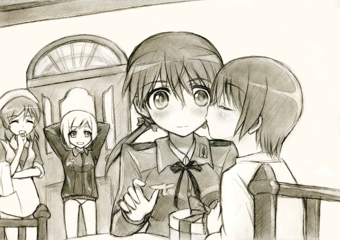 kisetsu, christiane barkhorn, erica hartmann, gertrud barkhorn, strike witches, world witches series, bad id, bad pixiv id, traditional media, 00s, 4girls, gift, kiss, monochrome, multiple girls, sepia, sketch