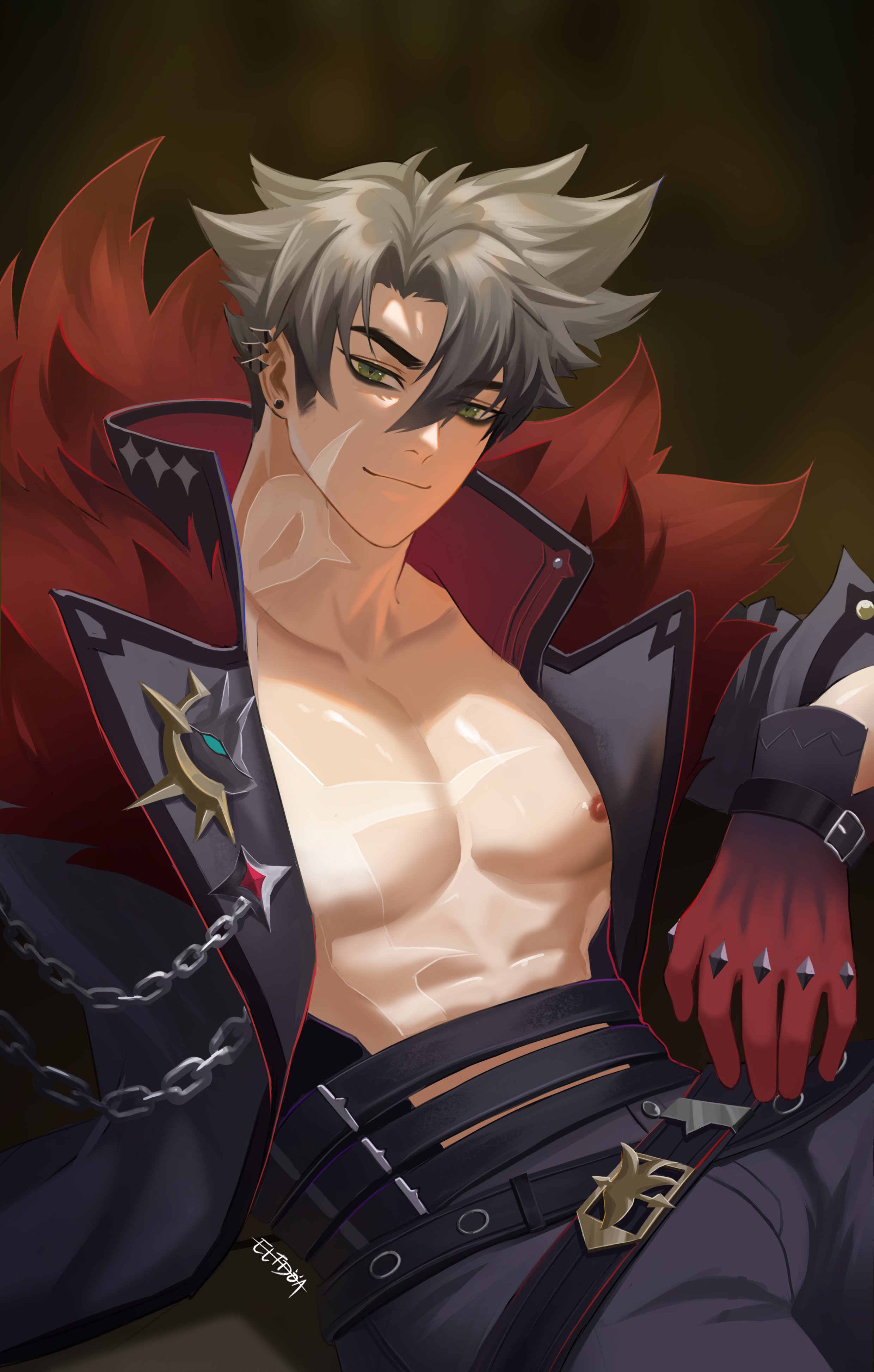 eltdoa, wriothesley (genshin impact), genshin impact, absurdres, commentary, concept art, english commentary, highres, 1boy, abs, alternate costume, alternate universe, bare pectorals, belt, black hair, black jacket, black pants, blurry, blurry background, closed mouth, collarbone, collared jacket, ear piercing, earrings, fur trim, gloves, grey eyes, hair between eyes, indoors, jacket, jewelry, leaning back, light smile, looking at viewer, multiple belts, open clothes, open jacket, pants, pectorals, piercing, puffy nipples, red fur, red gloves, scar, scar on chest, scar on face, shade, short hair, signature, sitting, sleeves rolled up, solo, spiked hair, stomach