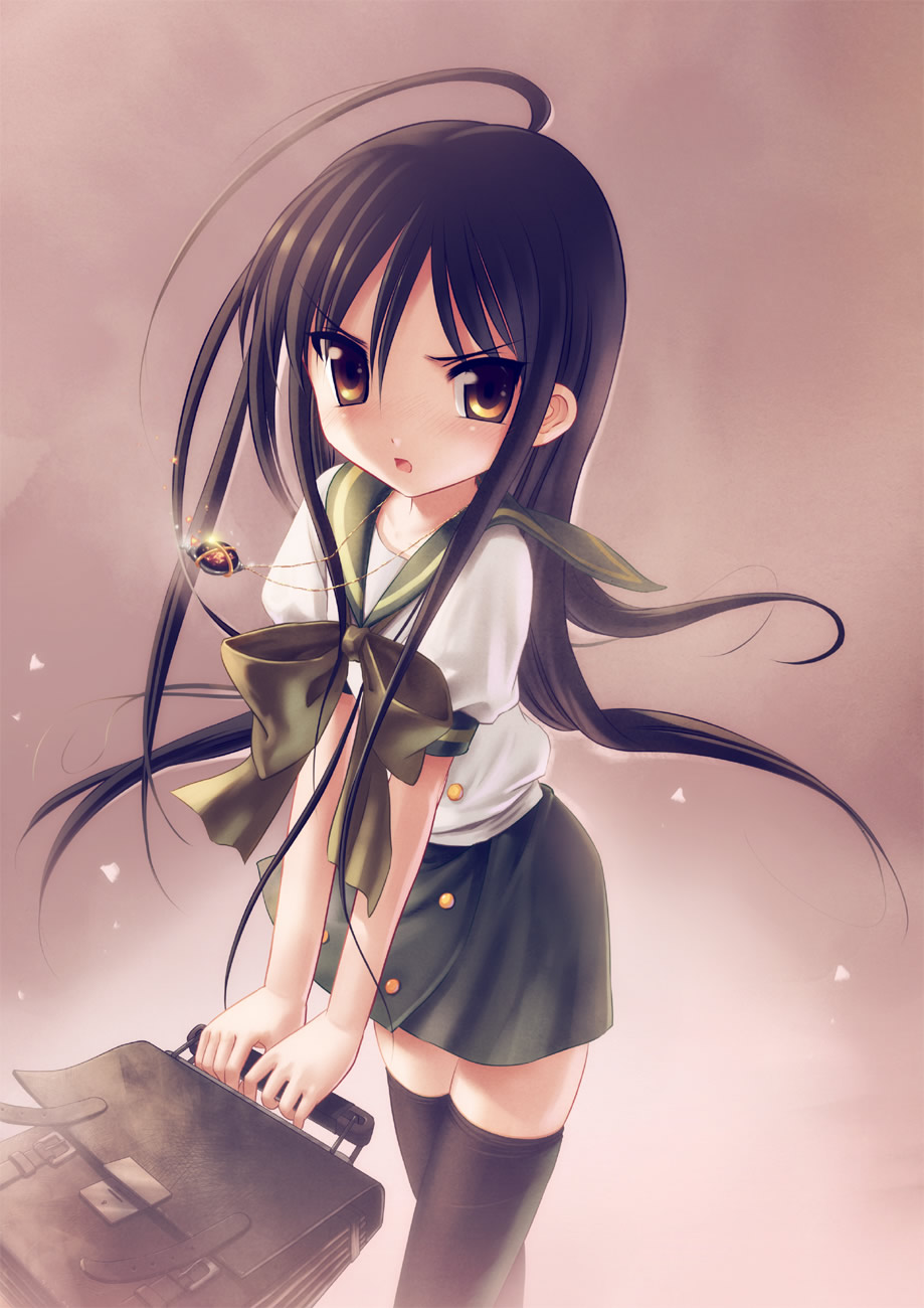 kankurou, alastor (shakugan no shana), shana, shakugan no shana, highres, 00s, 1girl, bag, black hair, black thighhighs, female focus, jewelry, pendant, school bag, solo, thighhighs, zettai ryouiki