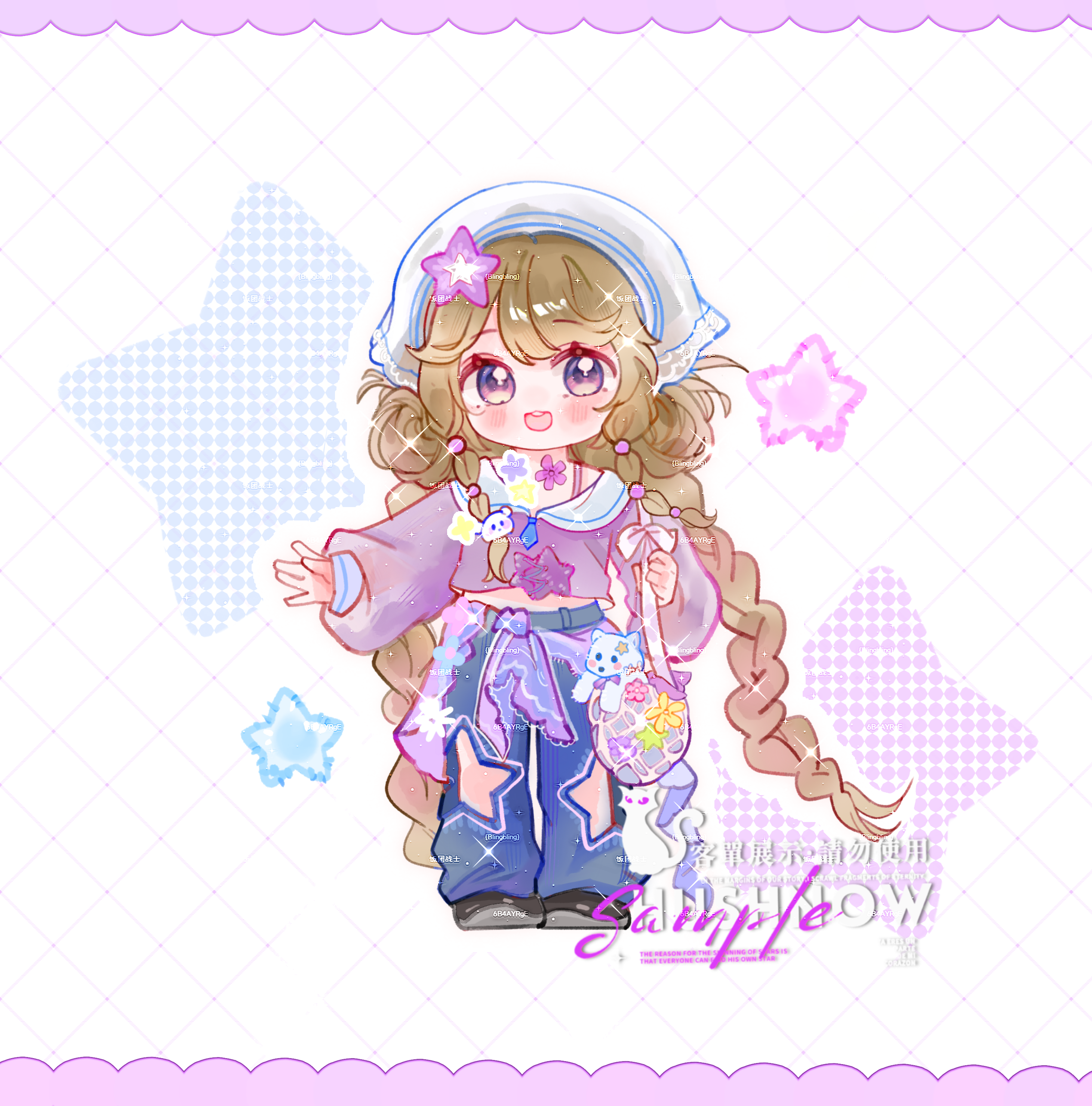 infinity nikki, nikki (series), absurdres, chinese commentary, commentary request, commission, highres, 1girl, absurdly long hair, argyle background, bag, baggy pants, black shoes, blue pants, border, bra strap, brown hair, chibi, clothing cutout, collared shirt, denim, eyelashes, frilled headwear, hair bobbles, hair ornament, happy, headscarf, holding, holding bag, jeans, jinwanhuimengjiankaoyuma, leg cutout, letterboxed, light blush, long hair, long sleeves, looking at viewer, low twintails, midriff, open mouth, outline, outstretched arm, pants, parted bangs, puffy long sleeves, puffy sleeves, purple bag, purple border, purple eyes, purple ribbon, purple shirt, ribbon, sailor collar, sample watermark, see-through clothes, see-through headwear, shirt, shoes, shoulder bag, smile, solo, sparkle, standing, star (symbol), star cutout, star hair ornament, stuffed animal, stuffed cat, stuffed toy, stylist (nikki), swept bangs, tareme, teeth, twintails, upper teeth only, very long hair, waist ribbon, watermark, white background, white headscarf, white outline, white sailor collar
