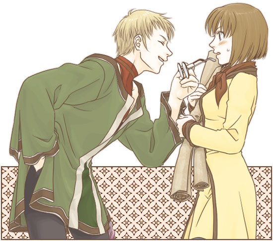 k1, kiichi (9ta), apple (suikoden), sheena (suikoden), gensou suikoden, gensou suikoden ii, 1boy, 1girl, ^ ^, blush, bob cut, borrowed clothes, brown hair, closed eyes, cowboy shot, glasses, holding, holding removed eyewear, neckerchief, red neckerchief, short hair, surprised, unworn eyewear