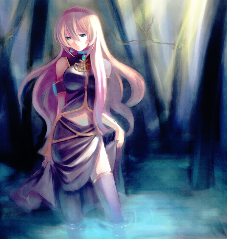 toranosuke, megurine luka, vocaloid, bad id, bad pixiv id, 1girl, armband, bare shoulders, blue eyes, breasts, female focus, headband, long hair, pink hair, solo, thighhighs, water, zettai ryouiki
