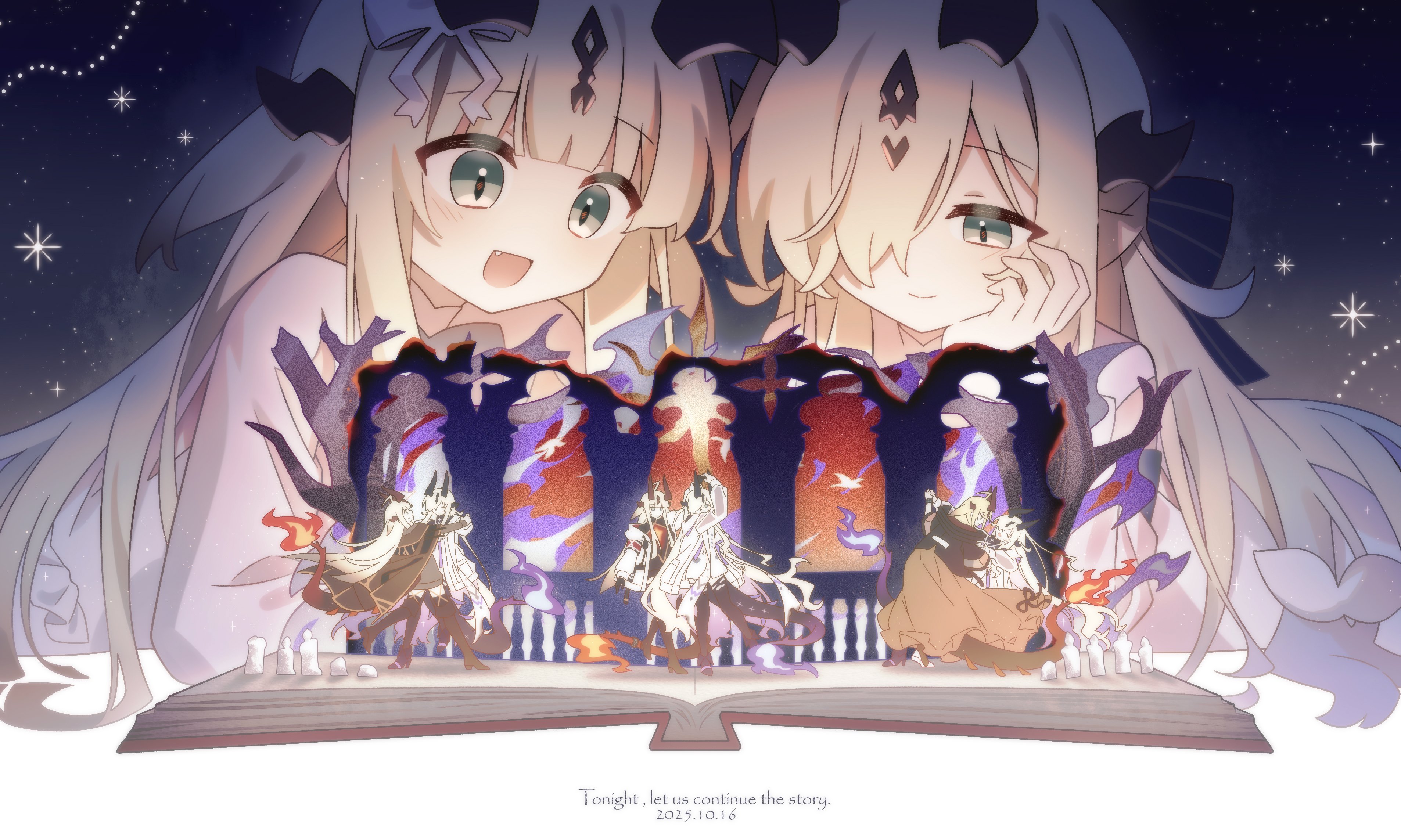 isikishoku akn, necrass (arknights), necrass (young) (arknights), reed (arknights), reed (young) (arknights), arknights, absurdres, highres, blonde hair, book, closed mouth, dated, english text, green eyes, hair over one eye, horns, long hair, multiple girls, open mouth, siblings, sisters, twins