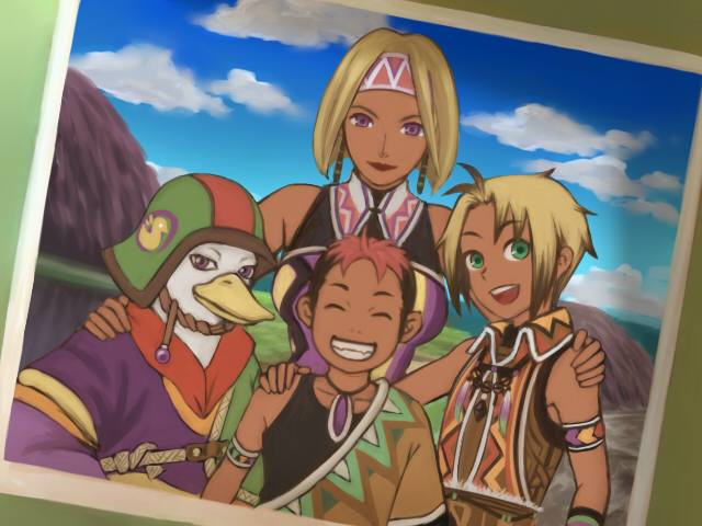 iochi (kotan), milk1110, hugo (suikoden iii), lucia (suikoden), lulu (suikoden), sgt joe, gensou suikoden, gensou suikoden iii, 1girl, 3boys, blonde hair, dark skin, multiple boys, purple eyes, sash, shoulder sash