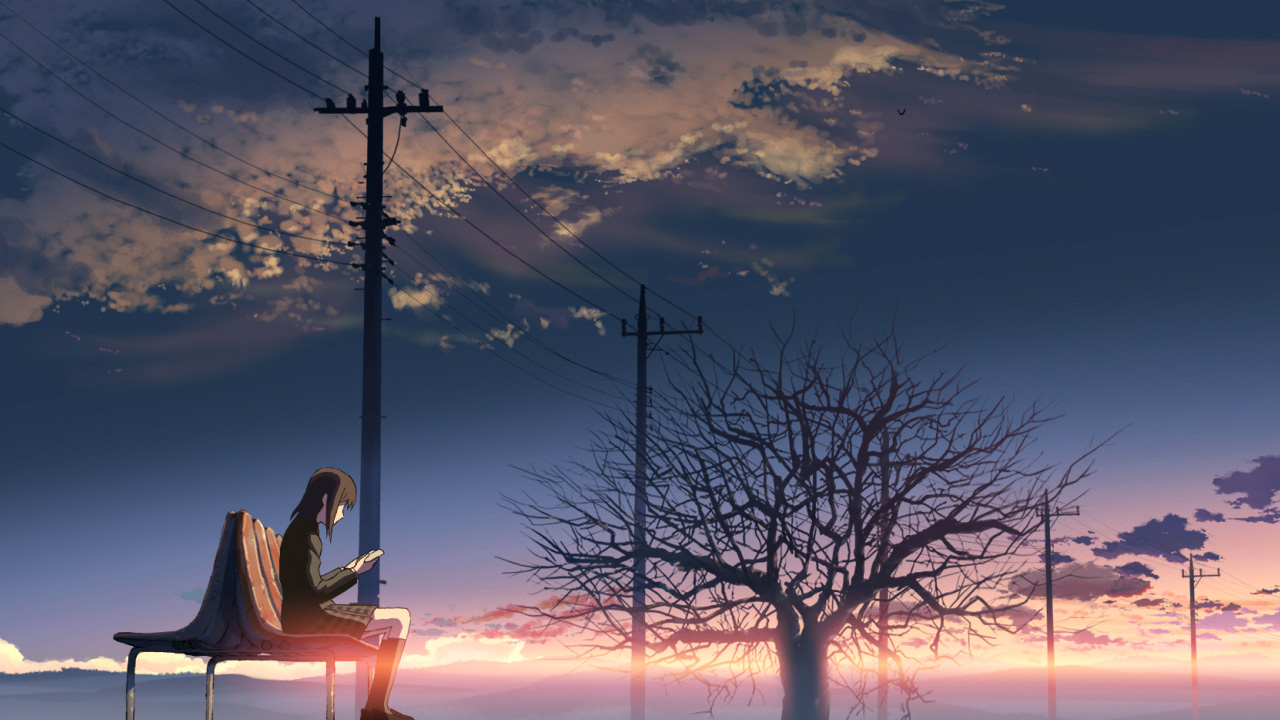 shinkai makoto, shinohara akari, byousoku 5 centimeter, screencap, 1girl, female focus, power lines, reading, scenery, school uniform, sitting, sky, solo, tree, winter