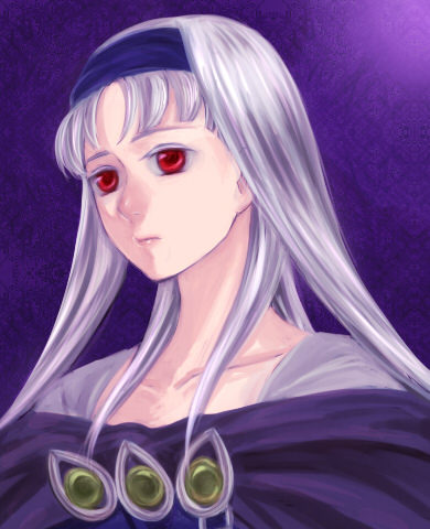iochi (kotan), milk1110, sierra mikain, gensou suikoden, gensou suikoden ii, silver hair, bad id, bad pixiv id, lowres, 1girl, cape, female focus, hairband, headband, red eyes, solo, vampire