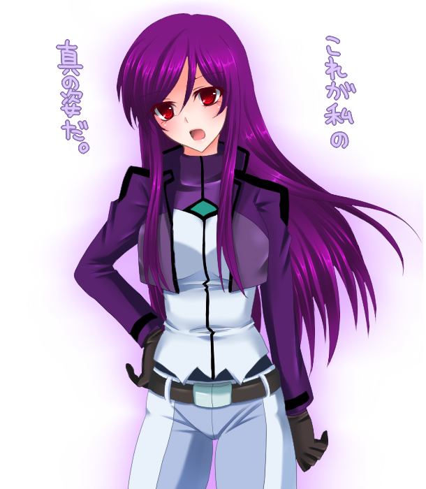 ui (yk), tieria erde, gundam, gundam 00, bad id, bad pixiv id, translated, 00s, 1girl, female focus, genderswap, genderswap (mtf), long hair, purple hair, red eyes, solo