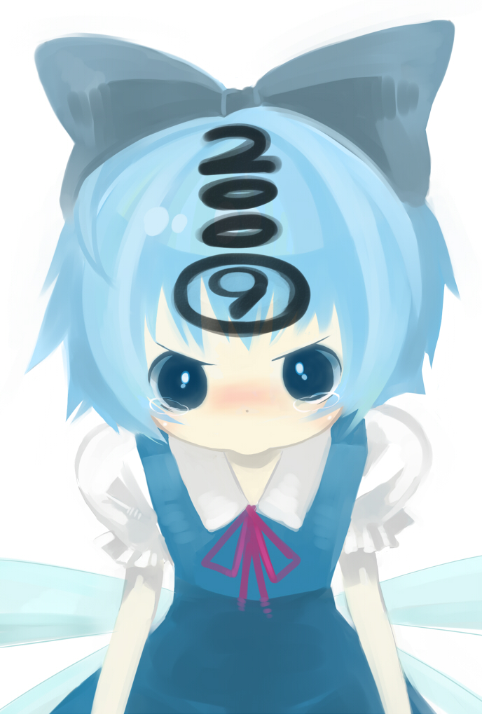 akisame kou, cirno, phantasmagoria of flower view, touhou, bad id, bad pixiv id, 00s, 1girl, 2009, angry, blue eyes, blue hair, chibi, circled 9, dress, female focus, matching hair/eyes, ribbon, short hair, simple background, solo, tears, white background, wings