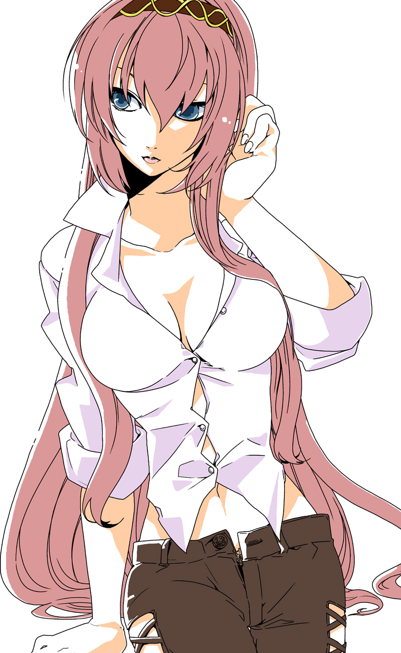 kondoru, megurine luka, vocaloid, highres, 1girl, adjusting hair, blue eyes, breasts, buttons, cleavage, dress shirt, female focus, female pubic hair, headband, long hair, open clothes, open shirt, pants, pink hair, pubic hair, shirt, sleeves rolled up, solo, unbuttoned, very long hair