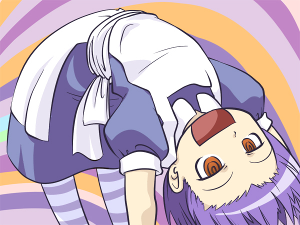yakui, futaba channel, nijiura maids, non-web source, hairline, maid, purple eyes, purple hair, short hair, smile, solo, striped clothes, striped thighhighs, thighhighs, upside-down