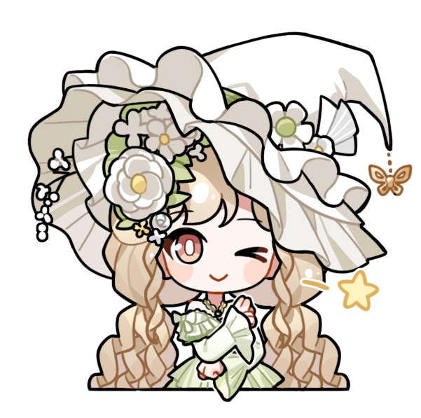 infinity nikki, nikki (series), artist request, official art, > o, 1girl, bare shoulders, blonde hair, blush stickers, bow, bright pupils, brown eyes, butterfly hat ornament, chibi, clenched hands, closed mouth, cropped legs, crossed arms, dress, flower, frilled headwear, frilled sleeves, frills, gem, gold necklace, green bow, green dress, green gemstone, grey ribbon, hair flower, hair ornament, happy, hat, hat flower, hat ornament, hat ribbon, jewelry, layered sleeves, leaf, long hair, long sleeves, low twintails, necklace, off-shoulder dress, off shoulder, one eye closed, rainfall & blossoms (infinity nikki), ribbon, short over long sleeves, short sleeves, sidelocks, sleeve bow, sleeves past wrists, smile, solo, striped ribbon, tareme, transparent background, twintails, very long hair, wavy hair, white flower, white hat, white pupils, wink star, witch, witch hat