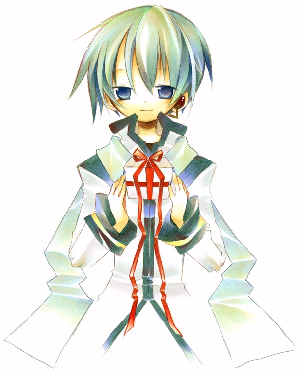 akisame kou, kaito (vocaloid), vocaloid, bad id, bad pixiv id, 1boy, blue eyes, blue hair, chibi, gift, holding, holding gift, male focus, matching hair/eyes, scarf, solo