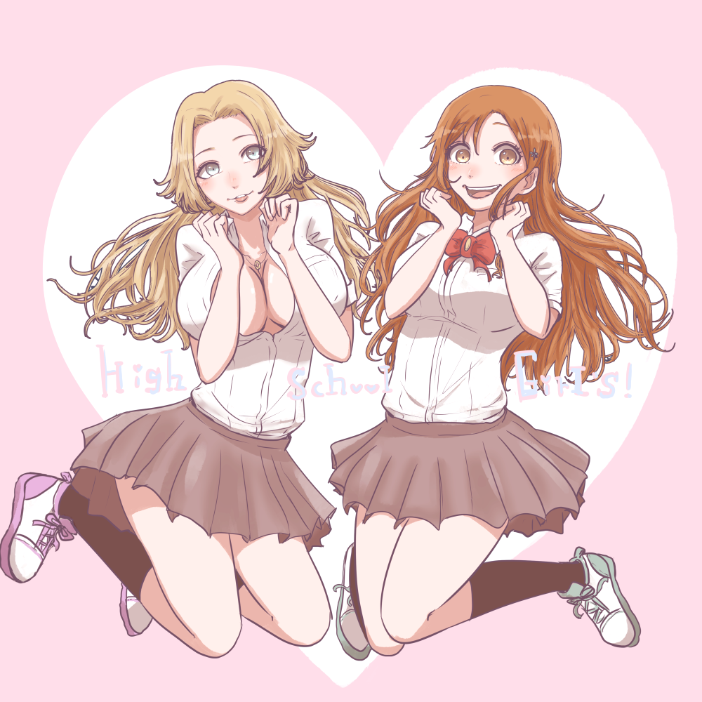ikuno taso, inoue orihime, matsumoto rangiku, bleach, commentary request, 2girls, black socks, blonde hair, blue eyes, bow, bowtie, breasts, cleavage, jewelry, karakura high school uniform, knees together feet apart, large breasts, miniskirt, multiple girls, necklace, open mouth, orange eyes, orange hair, partially unbuttoned, pleated skirt, red bow, red bowtie, school uniform, shoes, skirt, smile, sneakers, socks