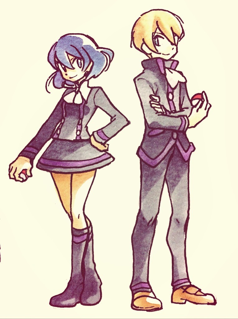 hk (nt), ace trainer (female) (pokemon xy), ace trainer (male) (pokemon xy), ace trainer (pokemon), dexio (pokemon), sina (pokemon), nintendo, pokemon, pokemon xy, traditional media, 1boy, 1girl, ace trainer (pokemon) (cosplay), ascot, blonde hair, brown shoes, cosplay, full body, holding, holding poke ball, poke ball, poke ball (basic), purple hair, shoes, white ascot