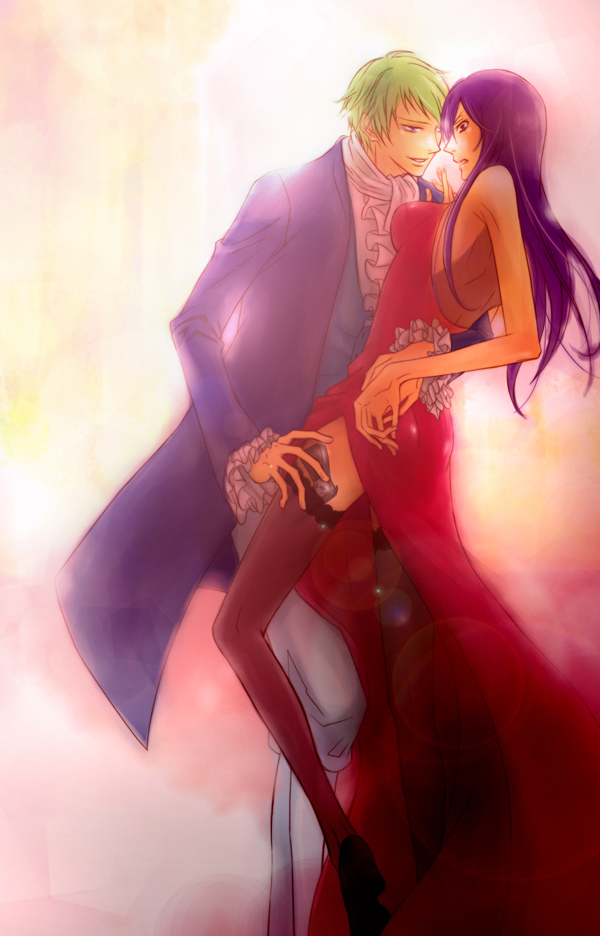 hachikou, ribbons almark, tieria erde, gundam, gundam 00, bad id, bad pixiv id, 00s, 2boys, crossdressing, crossdressing (mtf), dress, formal clothes, green hair, gun, innovators (gundam 00), long hair, male focus, multiple boys, purple hair, thighhighs, trap, weapon