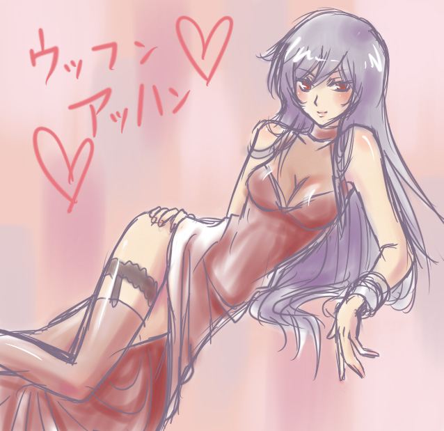 garuko, tieria erde, gundam, gundam 00, bad id, bad pixiv id, 00s, 1boy, breasts, cleavage, crossdressing, crossdressing (mtf), dress, legwear garter, long hair, male focus, medium breasts, purple hair, red eyes, solo, thighhighs, thighs, trap