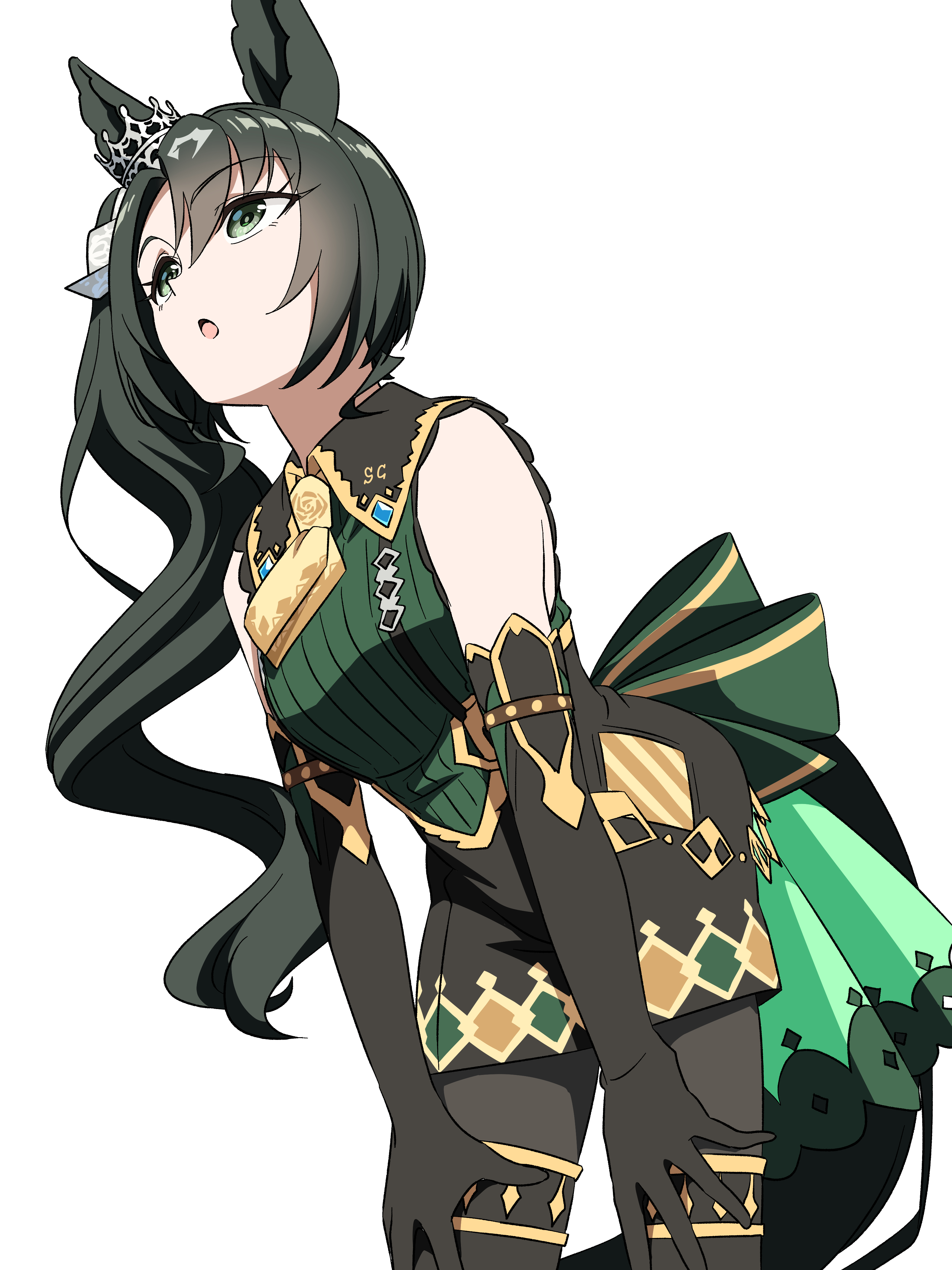 baasaku (balasaku24), satono crown (emerald journey) (umamusume), satono crown (umamusume), umamusume, absurdres, highres, 1girl, animal ears, ascot, black gloves, black hair, black leggings, black pantyhose, black suspenders, breasts, crown, crown ornament, ear ornament, ear through crown, ears through headwear, elbow gloves, gloves, green eyes, green sweater, hair between eyes, hands on own knees, horse ears, horse girl, horse tail, leggings, long hair, multicolored hair, necktie, open mouth, pantyhose, side ponytail, simple background, sleeveless, sleeveless sweater, solo, streaked hair, sweater, tail, white background, white hair, yellow ascot, yellow necktie
