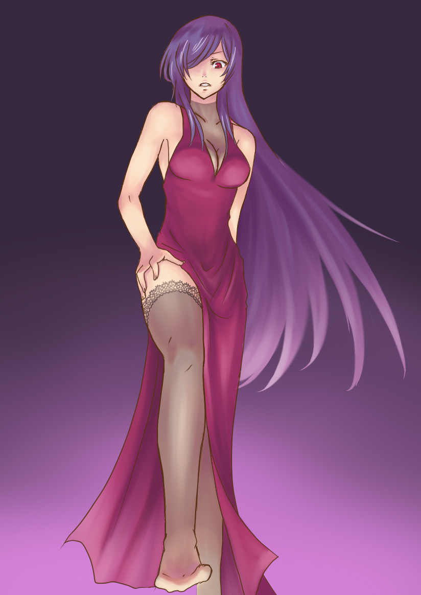 garuko, tieria erde, gundam, gundam 00, bad id, bad pixiv id, 00s, 1boy, bare shoulders, breasts, cleavage, crossdressing, crossdressing (mtf), dress, long hair, male focus, medium breasts, purple hair, red eyes, side slit, solo, thighhighs, trap, very long hair