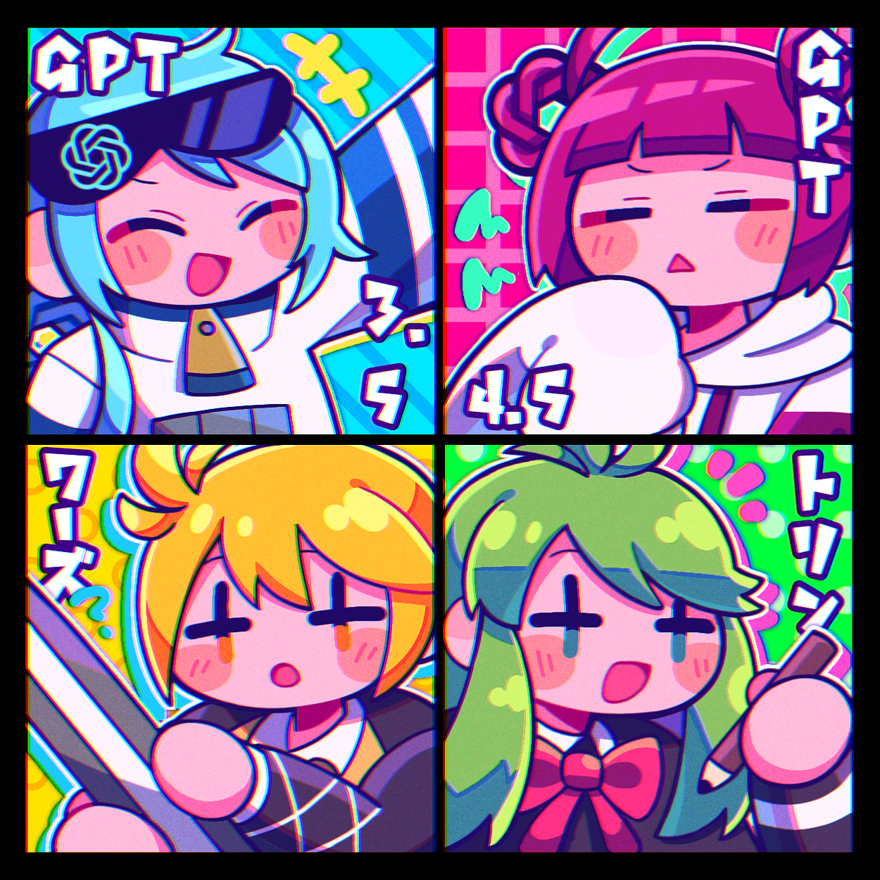 inariga, commentary request, gender request, highres, object request, +++, + +, 1boy, 1other, 2girls, :d, :o, = =, ?, ahoge, black border, black shirt, blonde hair, blue hair, blunt bangs, blush stickers, border, bow, bowtie, braid, braided hair rings, character name, chatgpt, chatgpt-tan, chibi, closed eyes, eyewear on head, green hair, hair between eyes, hair rings, hand up, holding, holding pencil, hood, hood down, hoodie, long hair, long sleeves, multiple girls, open mouth, pencil, purple hair, red bow, red bowtie, shirt, sidelocks, sleeves past fingers, sleeves past wrists, smile, squiggle, swept bangs, tone sphere, triangle mouth, trin (tone sphere), upper body, weirs, white hoodie, zipper pull tab