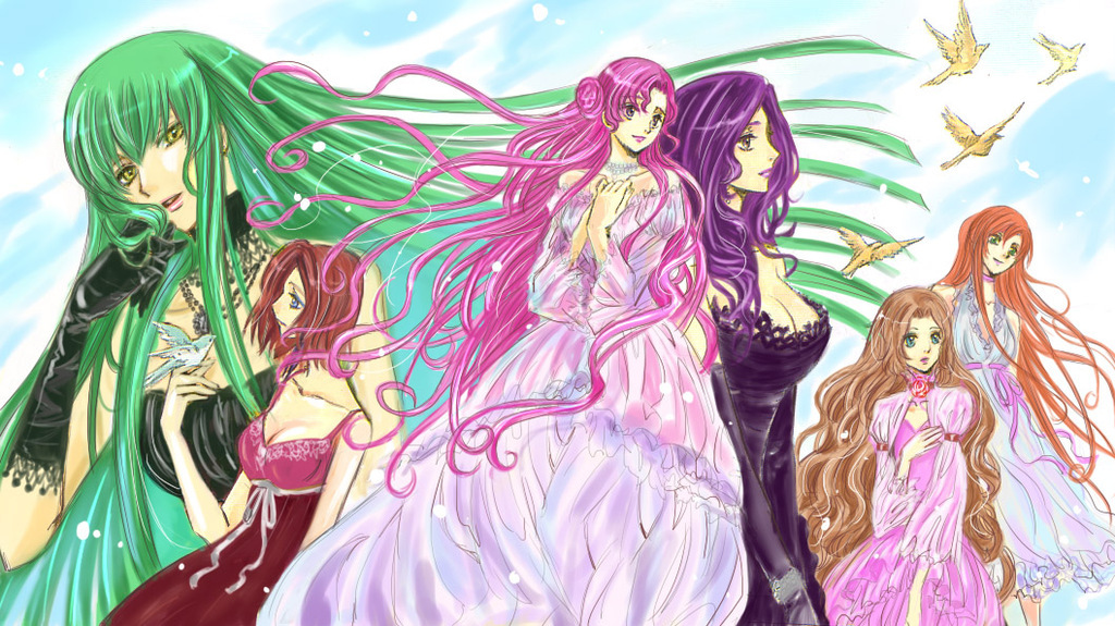 kaoru, c.c., cornelia li britannia, euphemia li britannia, kouzuki kallen, nunnally vi britannia, shirley fenette, code geass, 00s, 6+girls, bird, blue eyes, breasts, brown hair, cleavage, donut hair bun, dress, elbow gloves, gloves, green eyes, green hair, hair bun, large breasts, multiple girls, purple eyes, purple hair, red hair, sky, yellow eyes